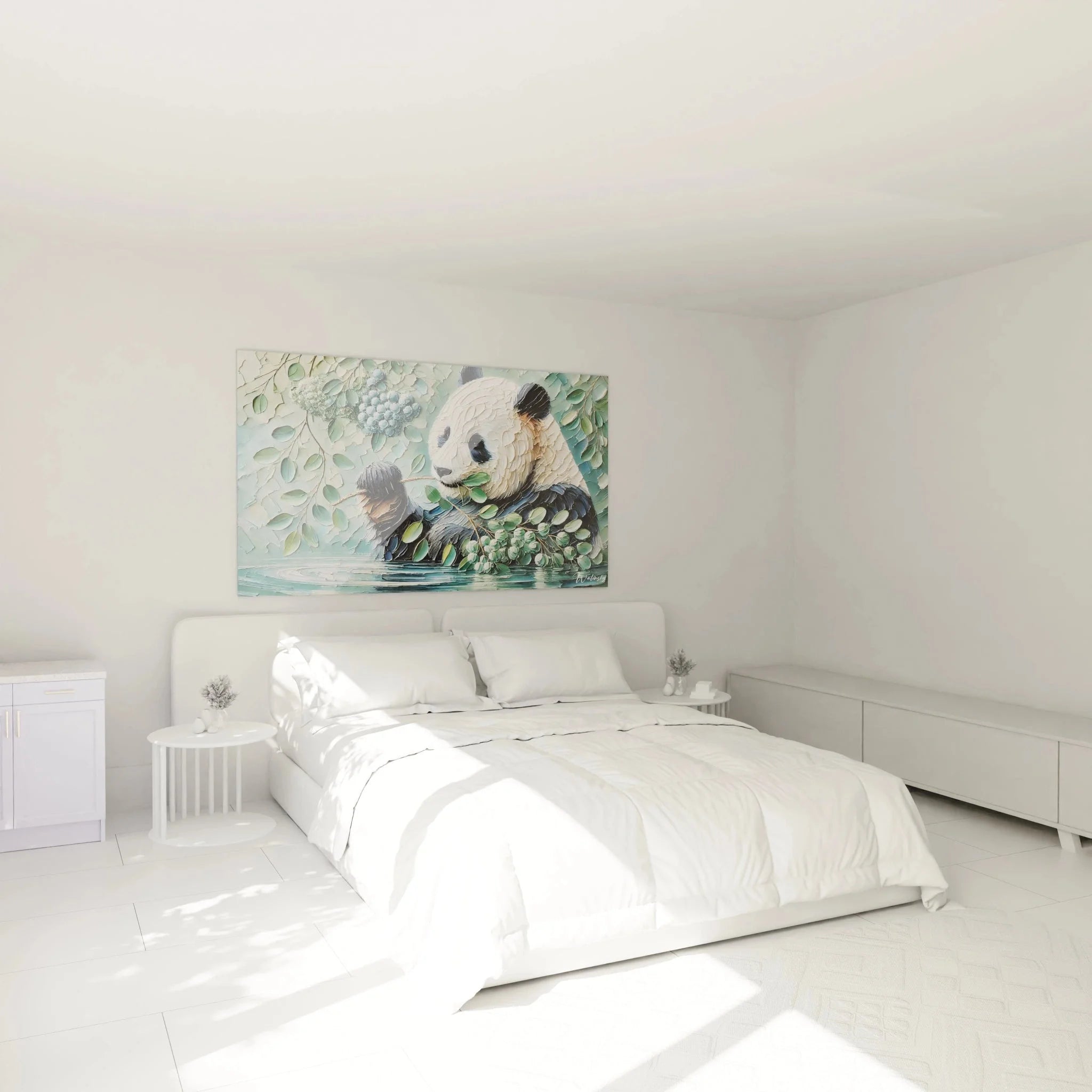 Panda Wandbild im Schlafzimmer - Großer Panda Leinwandbild als Wanddekoration