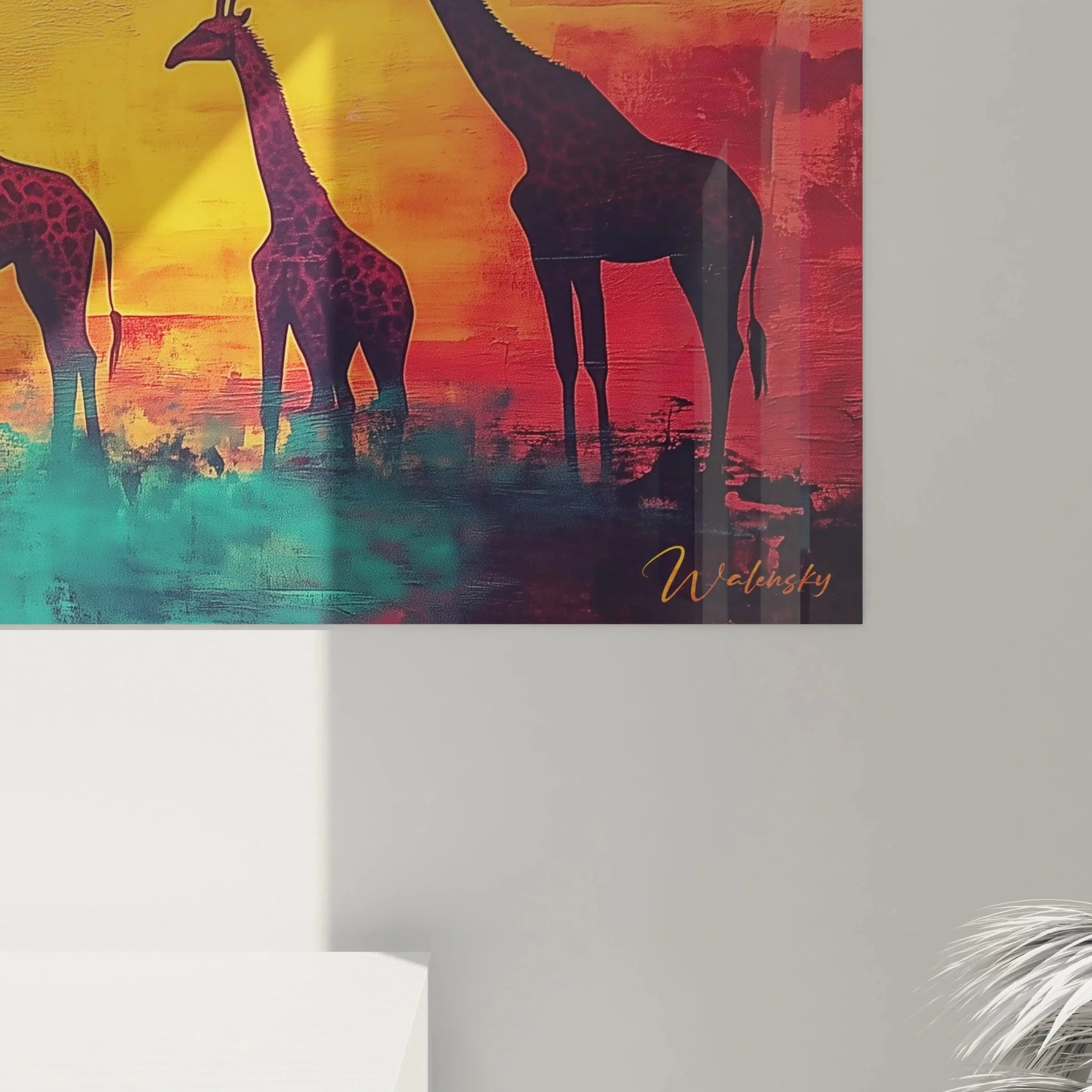 Panorama Wandbild Giraffen Sonnenuntergang - Gesamtansicht Afrika Leinwand XXL Dekoration
