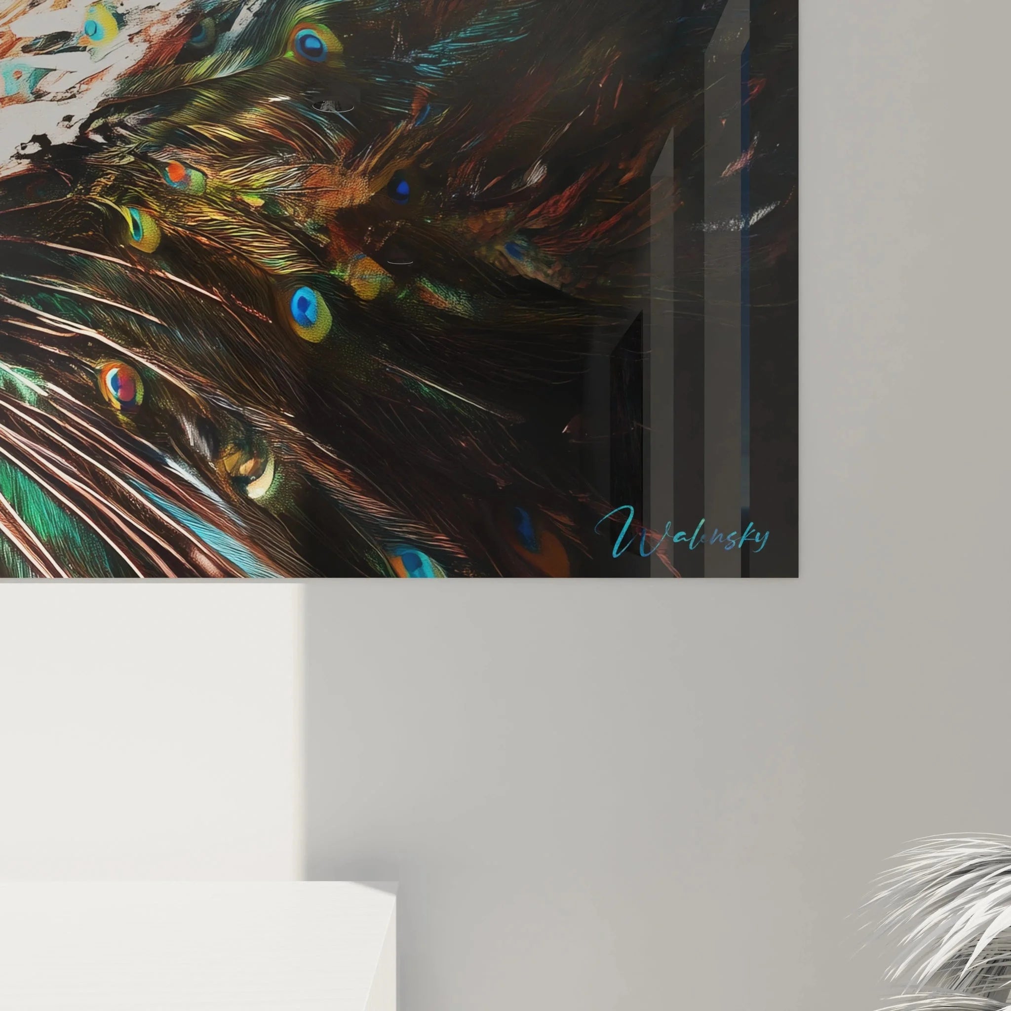 Panorama-Ansicht Wandbild Pfau in voller Pracht mit ausgebreiteten Federn als elegante Raumdekoration