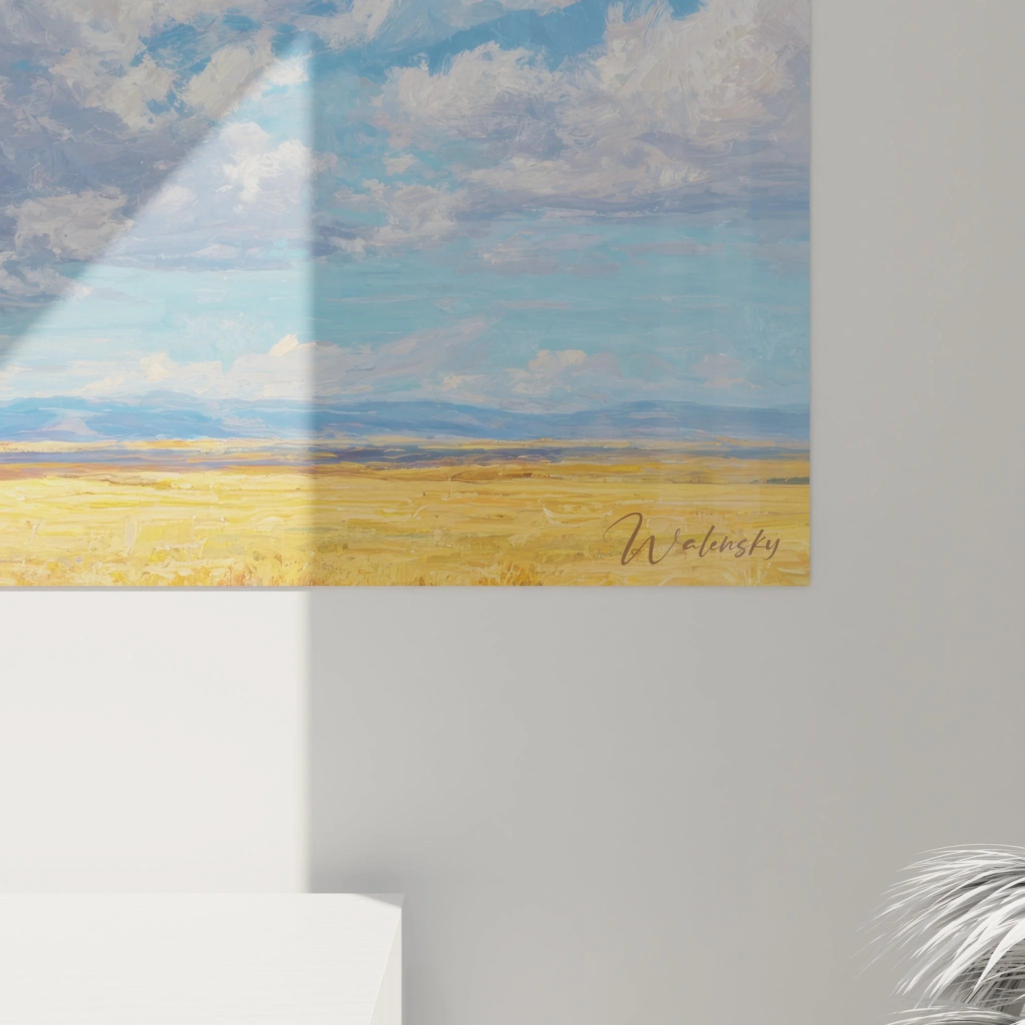 Gesamtansicht Panorama Wandbild Steppenlandschaft mit endloser Weite, goldenem Feld und majestätischem Himmel