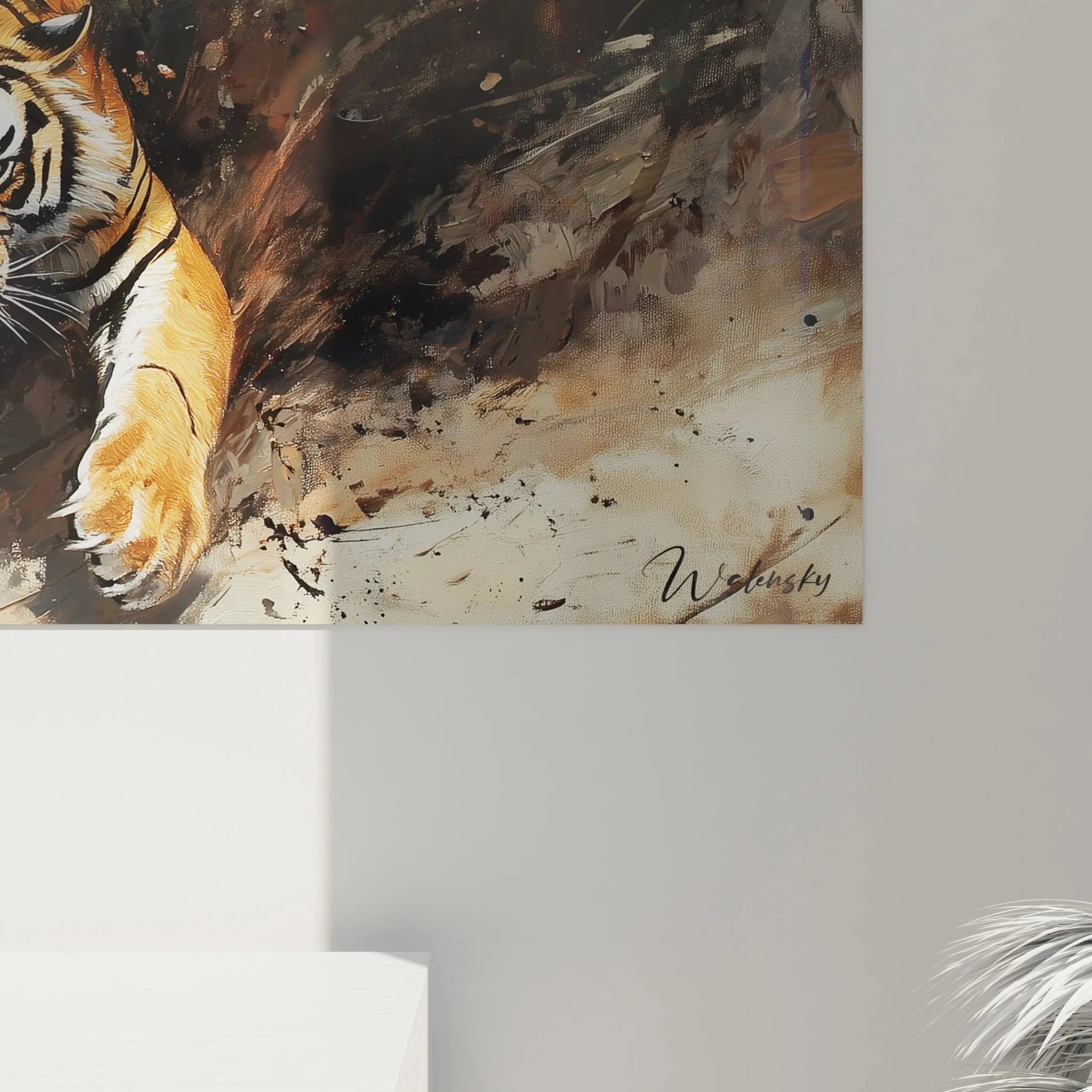 Panorama Wandbild Tiger Sprung in voller Größe, beeindruckende Wildtier-Wandkunst mit dynamischer Bewegung