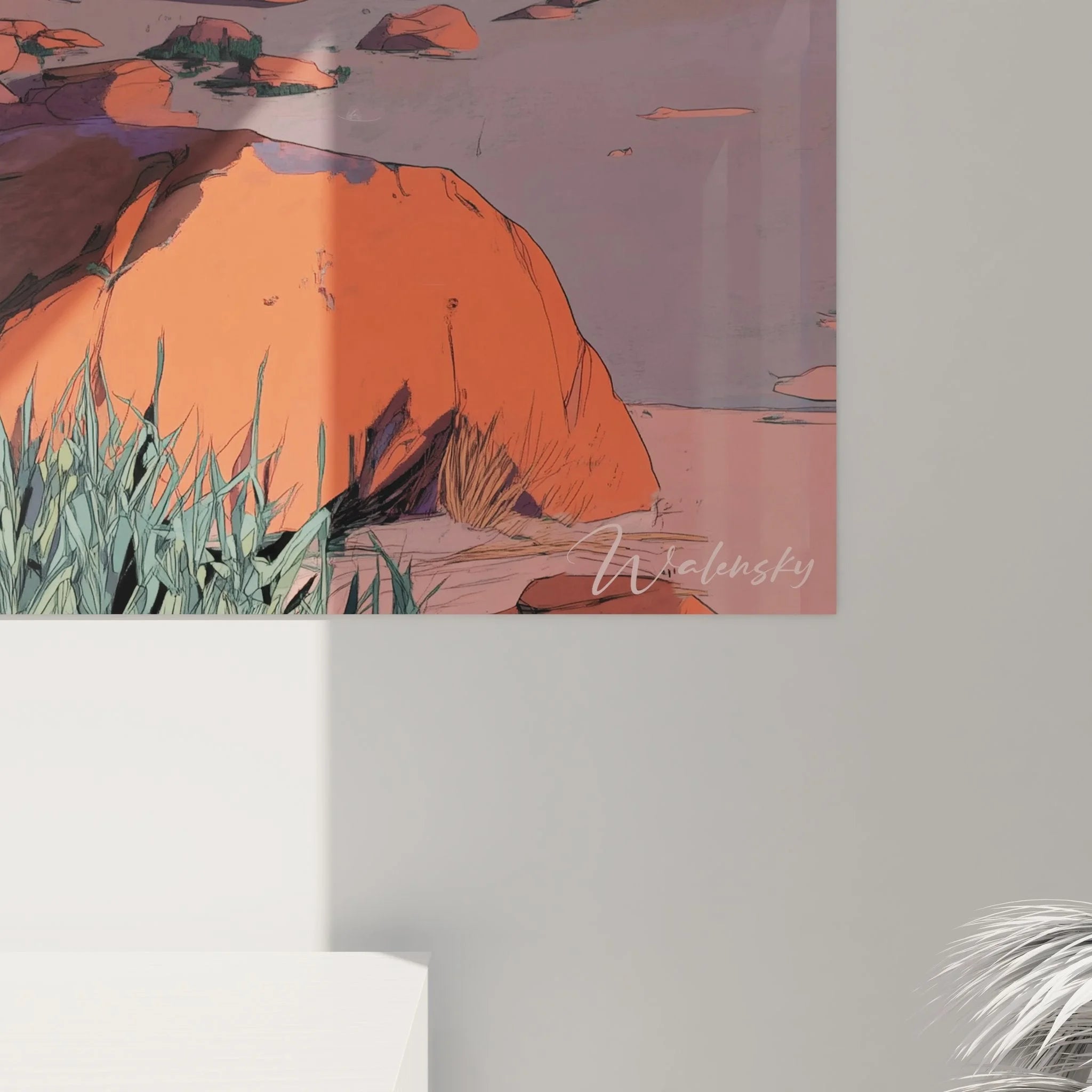 Gesamtansicht Wandbild Wüste mit roter Felsformation und Dünenlandschaft im Panoramaformat