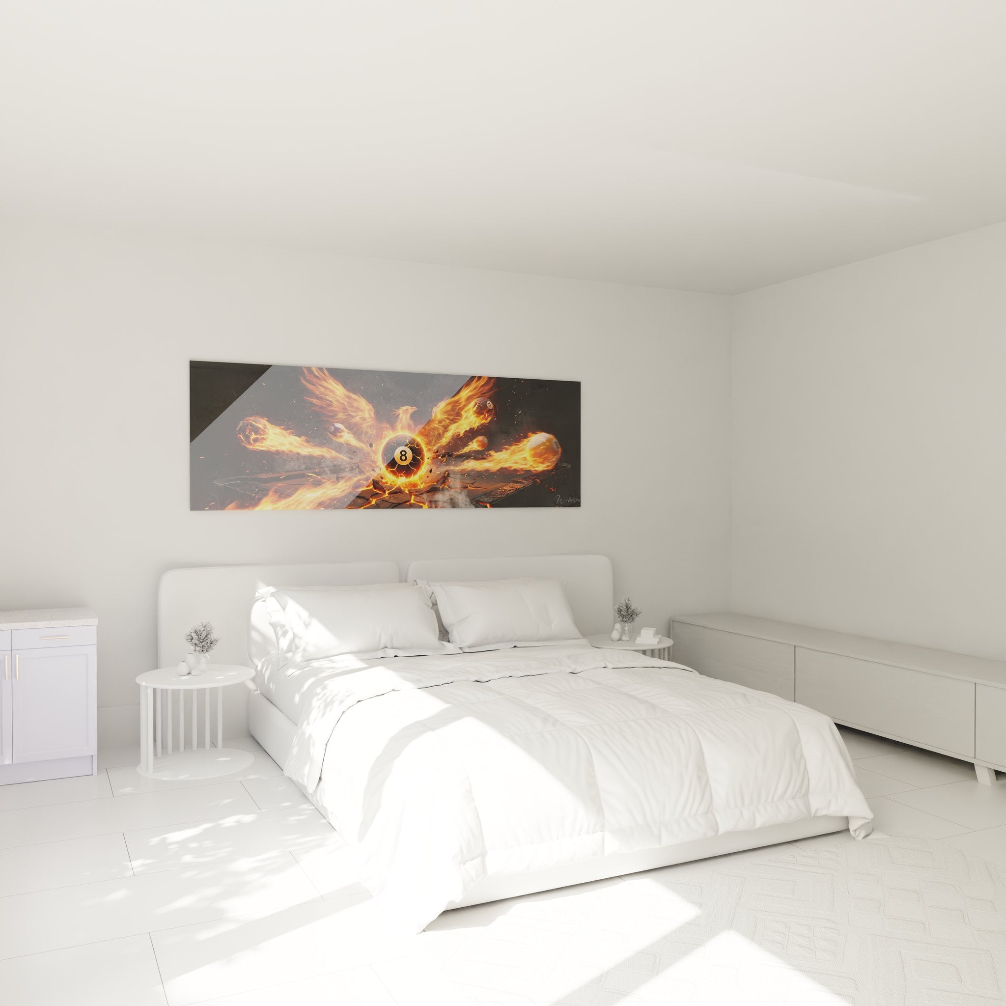 Wandbild brennender Billardball Phoenix im modernen Schlafzimmer über dem Bett