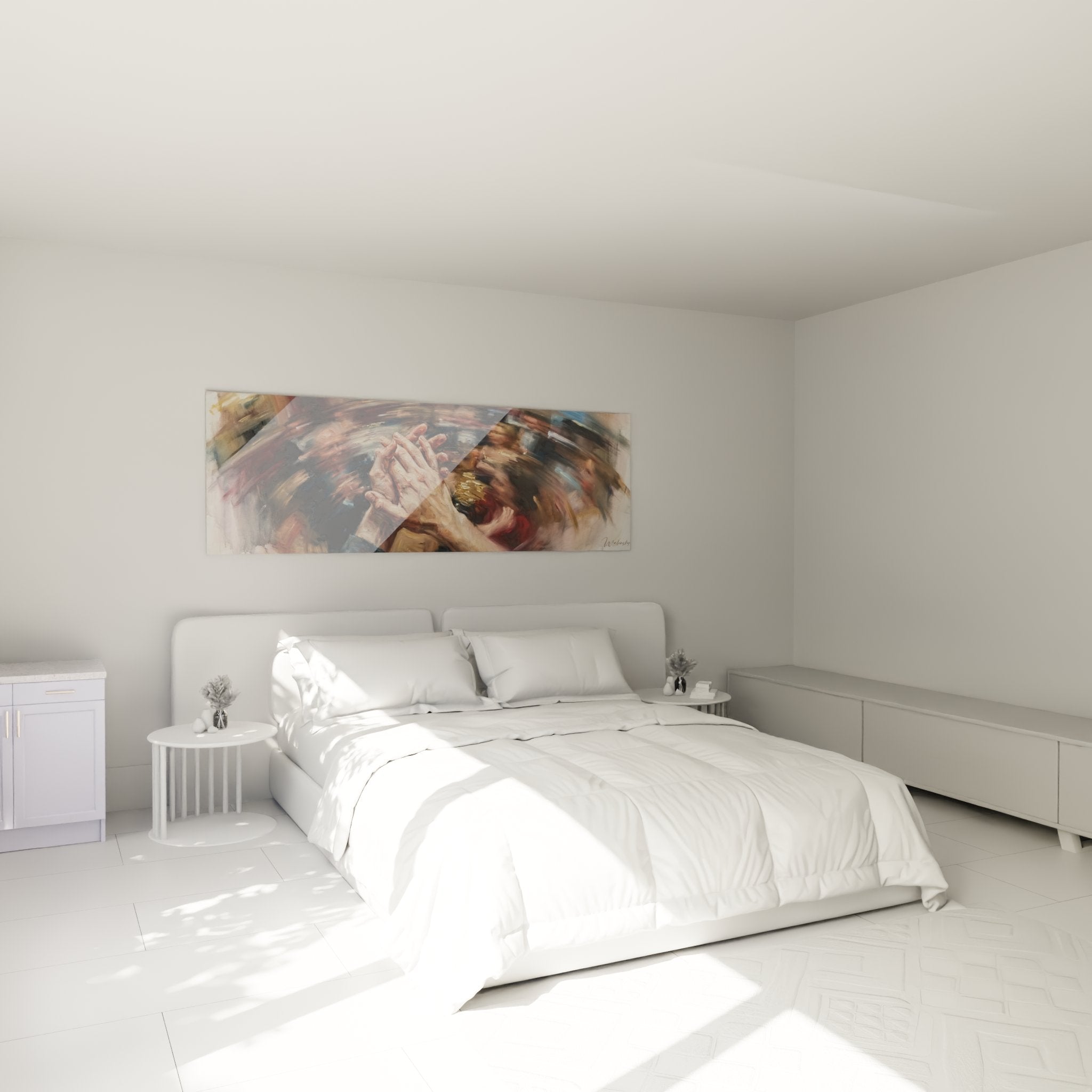 Spirituelles Wandbild mit betenden Händen als Wanddekoration im modernen Schlafzimmer - Edition Tanz