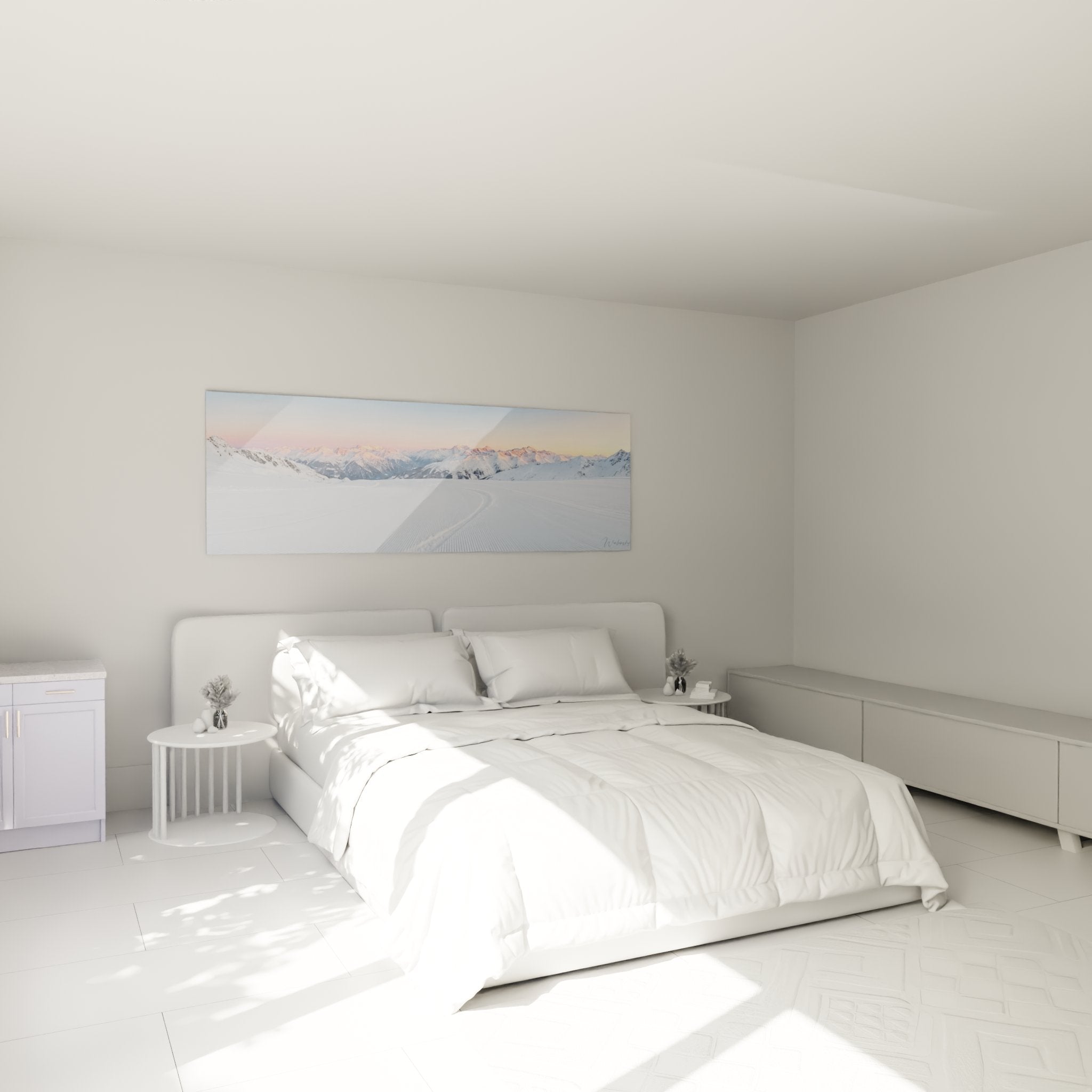 Schneepiste Wandbild im Schlafzimmer mit warmer Beleuchtung und gemütlicher Atmosphäre