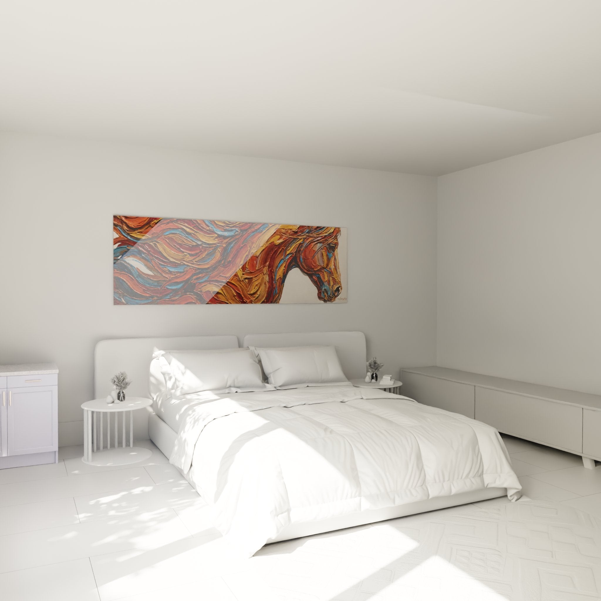 Pferde Wandbild mit wilder Mähne als stilvolle Dekoration im modernen Schlafzimmer