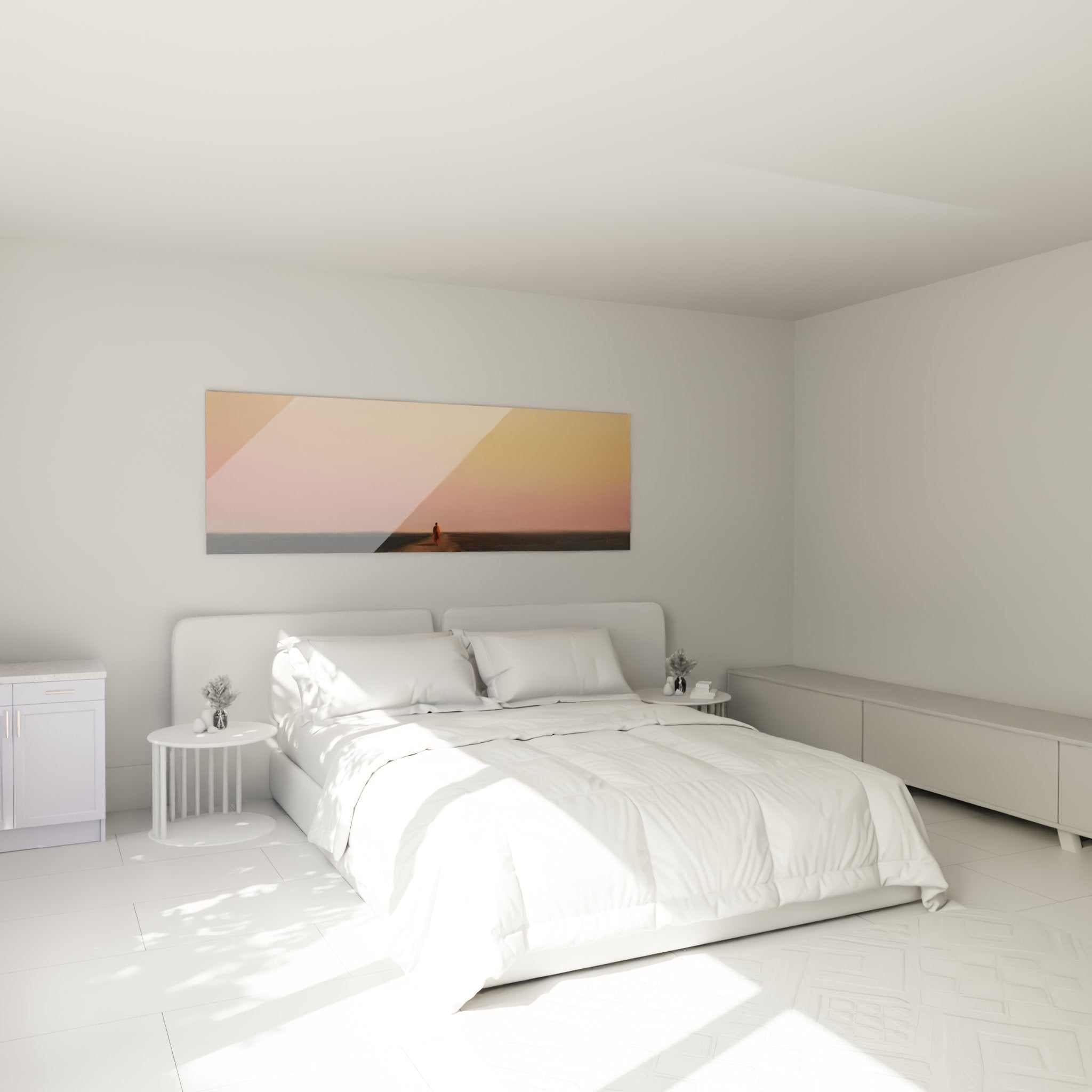 Läufer Sonnenuntergang Wandbild im Schlafzimmer an weißer Wand, warme Farben schaffen entspannte Atmosphäre