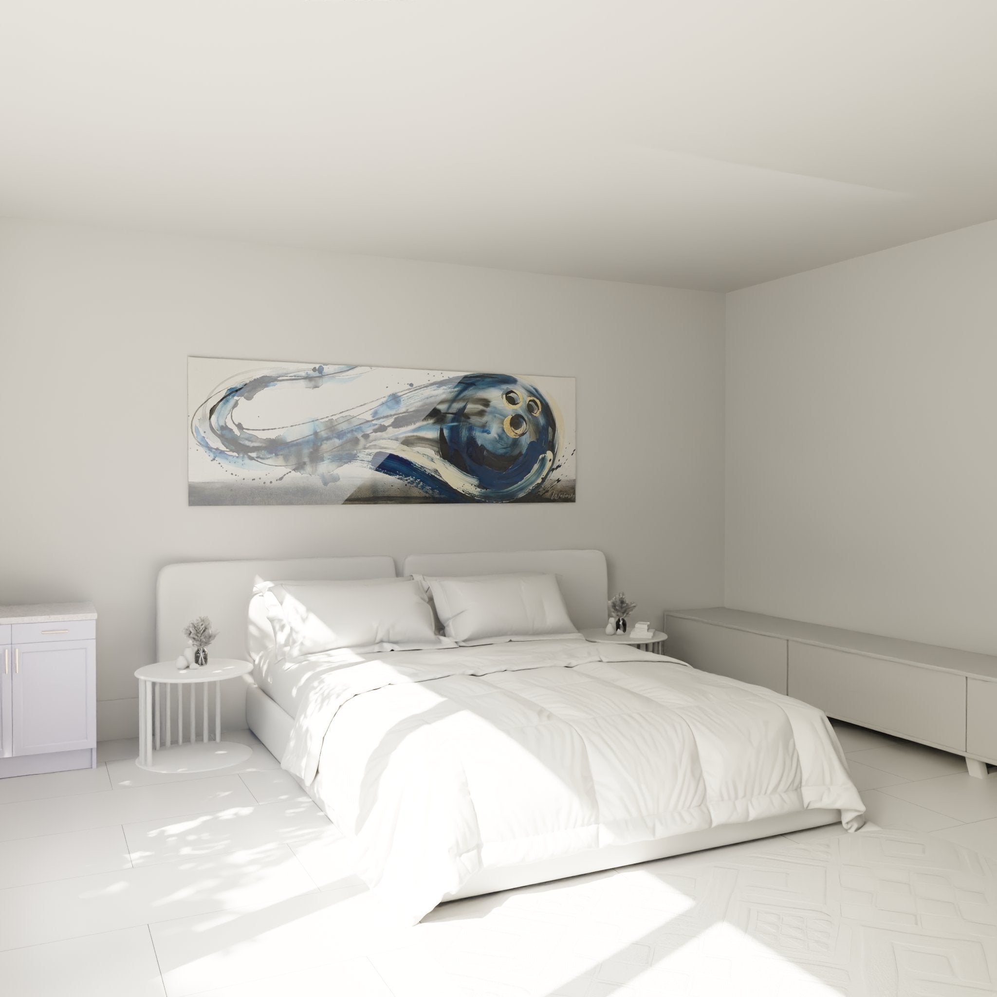 Bowling-Kugel Wandbild in modernem Schlafzimmer-Ambiente mit blauer Farbharmonie