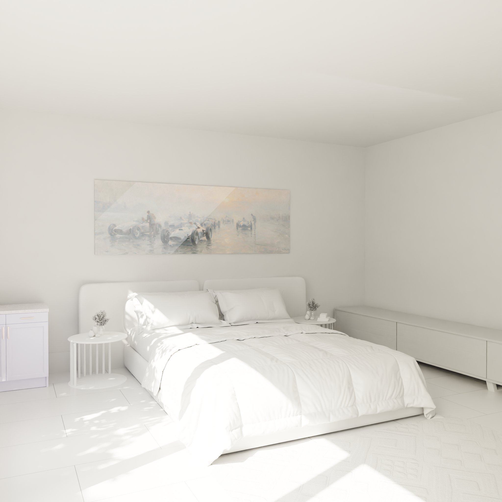 F1 Rennwagen Wandbild im Schlafzimmer, elegante Motorsport Dekoration mit Silberpfeilen im Nebel