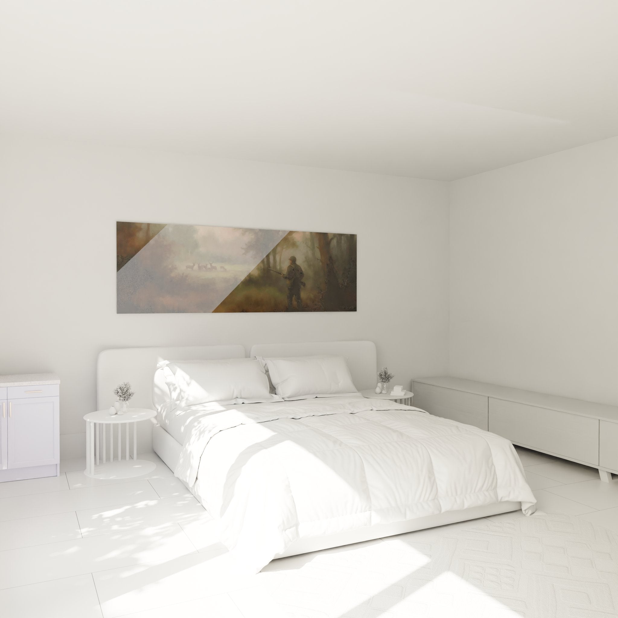 Jagd-Wandbild im Schlafzimmer mit Jäger im Morgennebel, schafft ruhige natürliche Atmosphäre über dem Bett