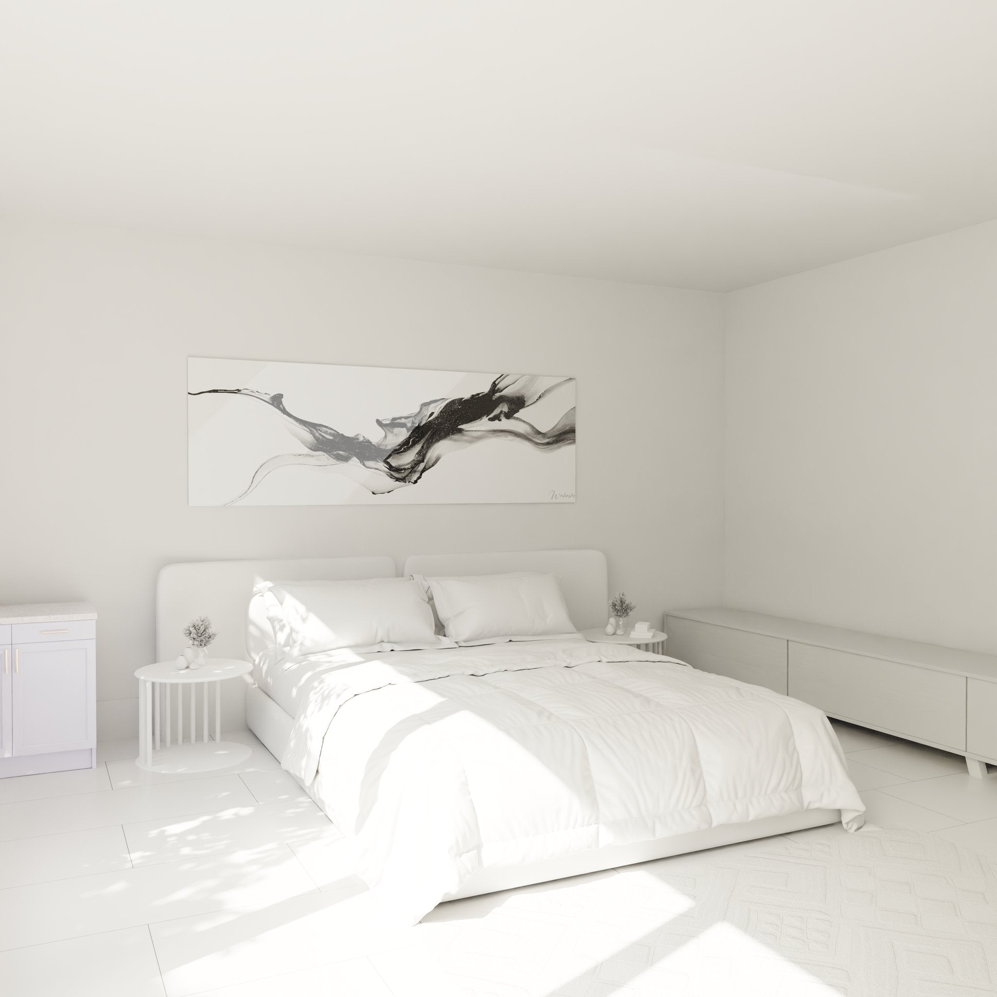 Abstraktes Schwarz-Weiß-Wandbild mit Tuschströmen über modernem Schlafzimmer-Bett