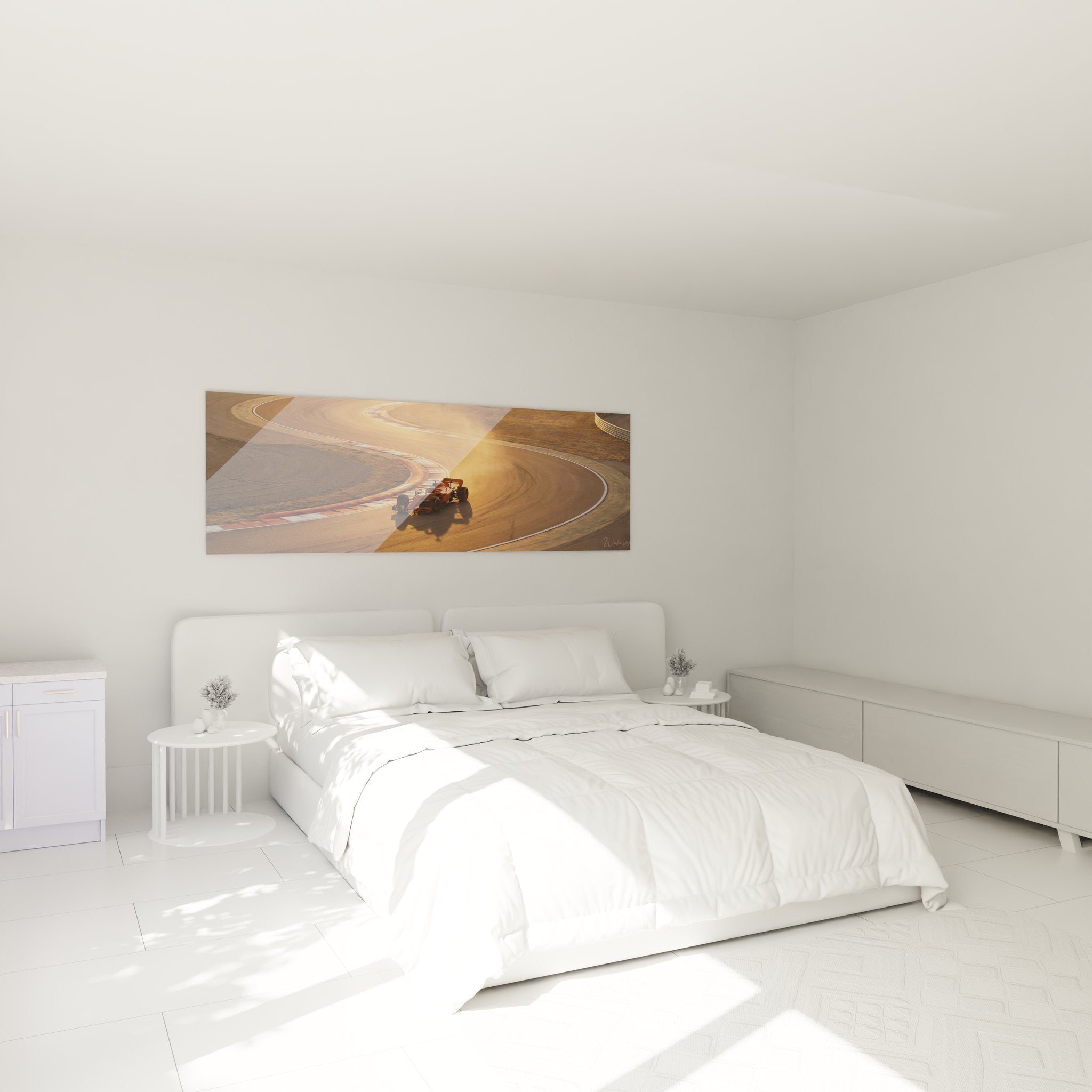 Formel 1 Wandbild im Schlafzimmer zeigt roten Rennwagen bei goldenem Sonnenuntergang auf Leinwand