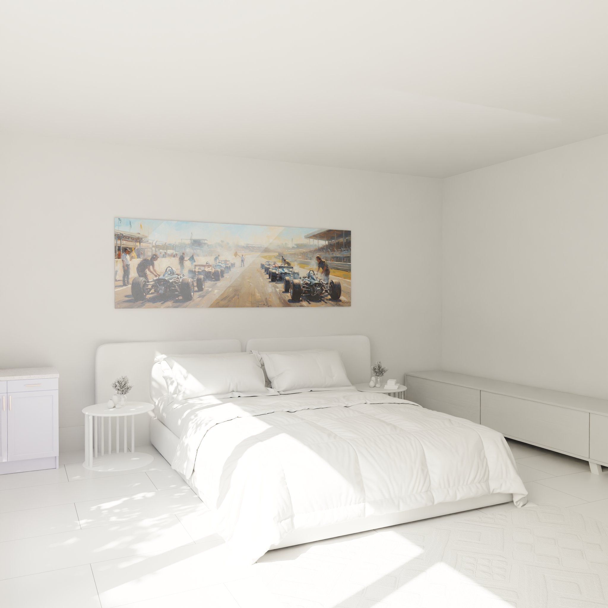 Formel 1 Boxenstopp Wandbild im modernen Schlafzimmer - Motorsport Dekoration für Zuhause