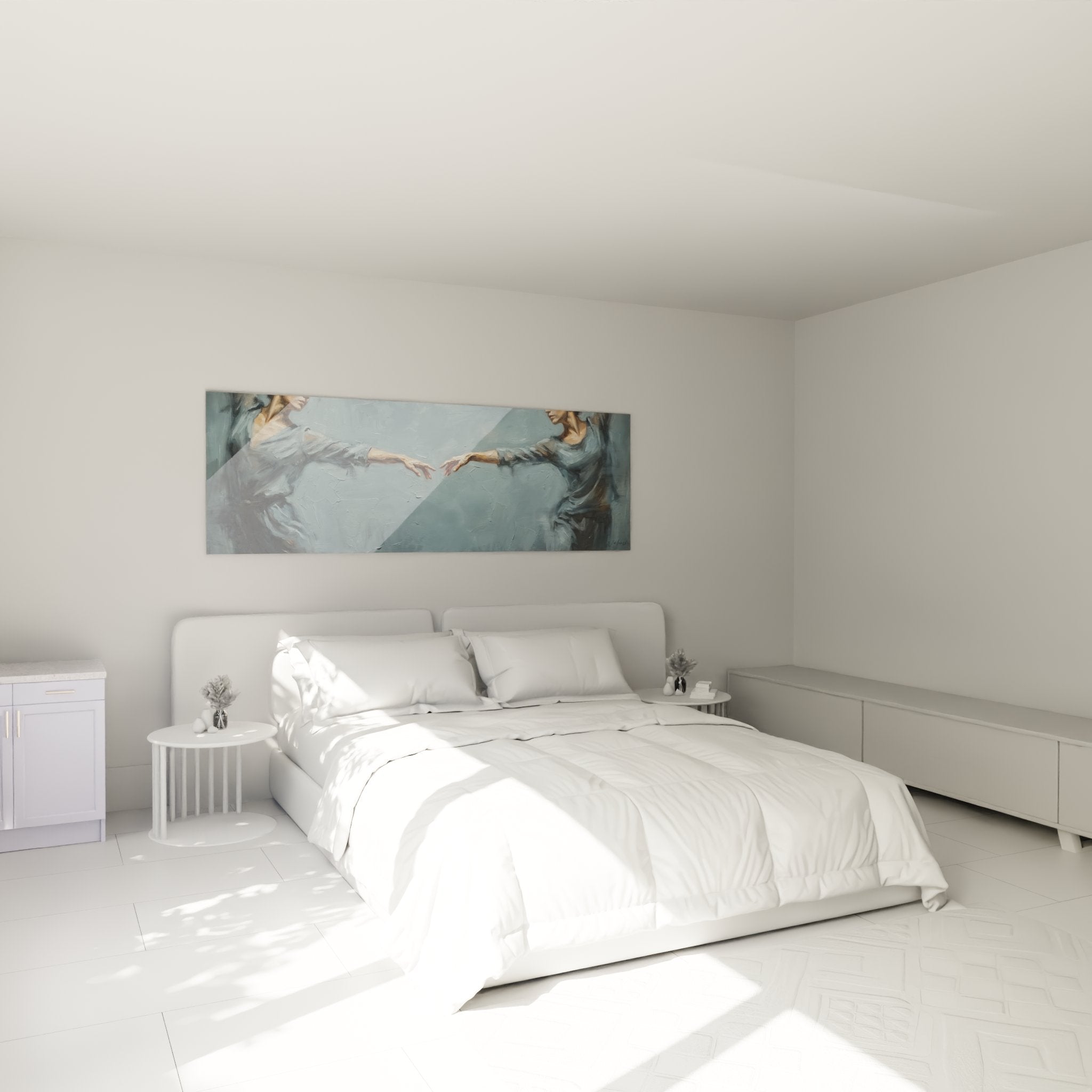 Elegantes Tanz-Wandbild im Schlafzimmer schafft romantische Atmosphäre mit sanften Bewegungen