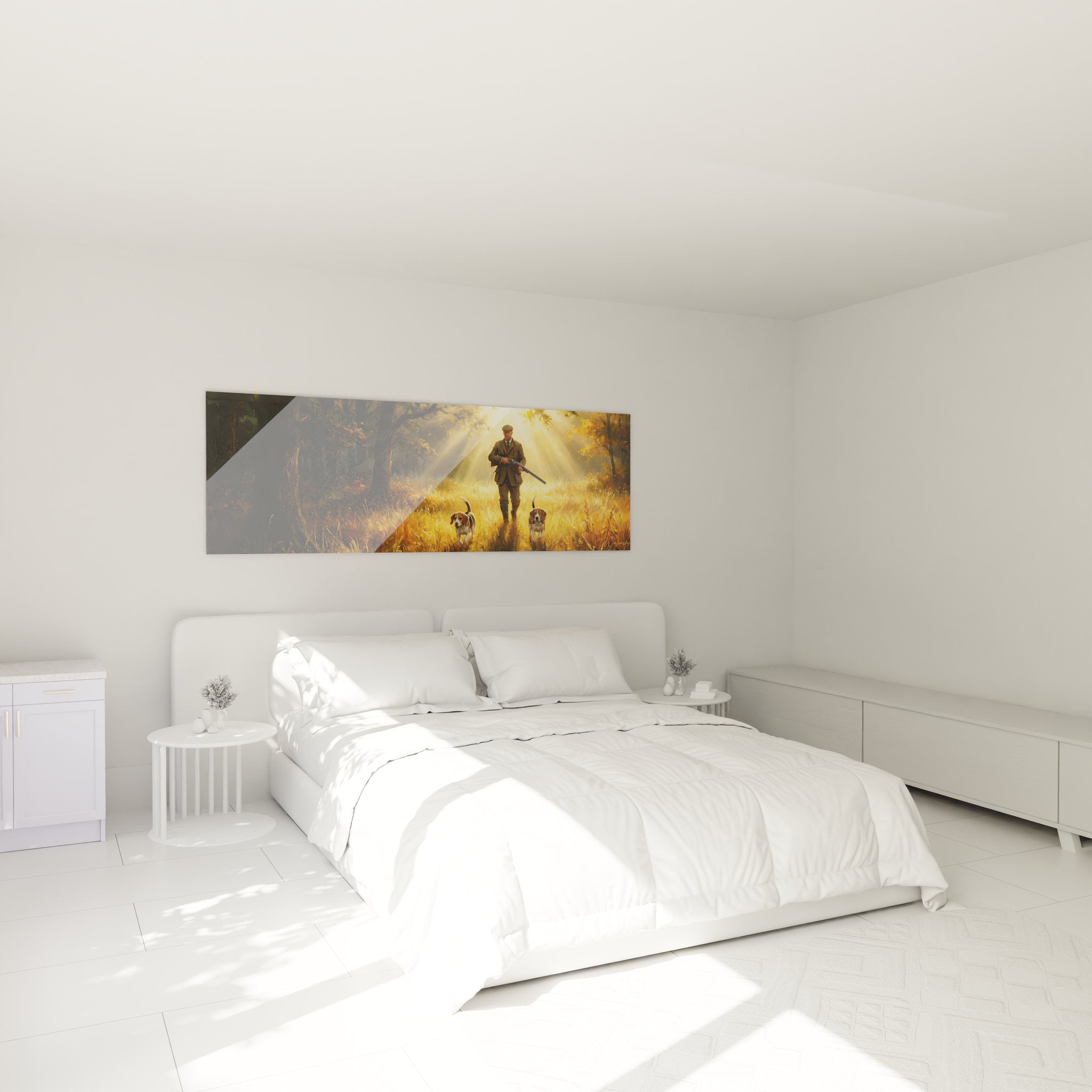 Wandbild Jäger im Herbstwald hängt über Bett im Schlafzimmer - warme Atmosphäre für Jagdliebhaber