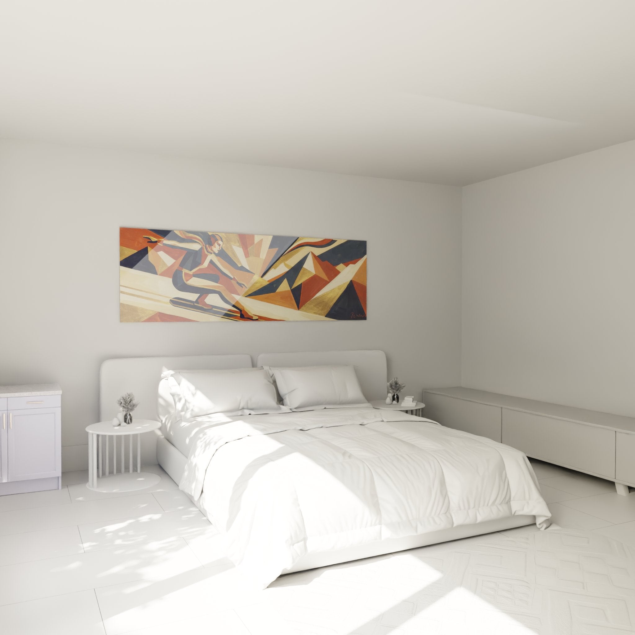 Snowboarder Wandbild in Schlafzimmer-Ambiente mit warmer Farbgebung und modernem geometrischem Design
