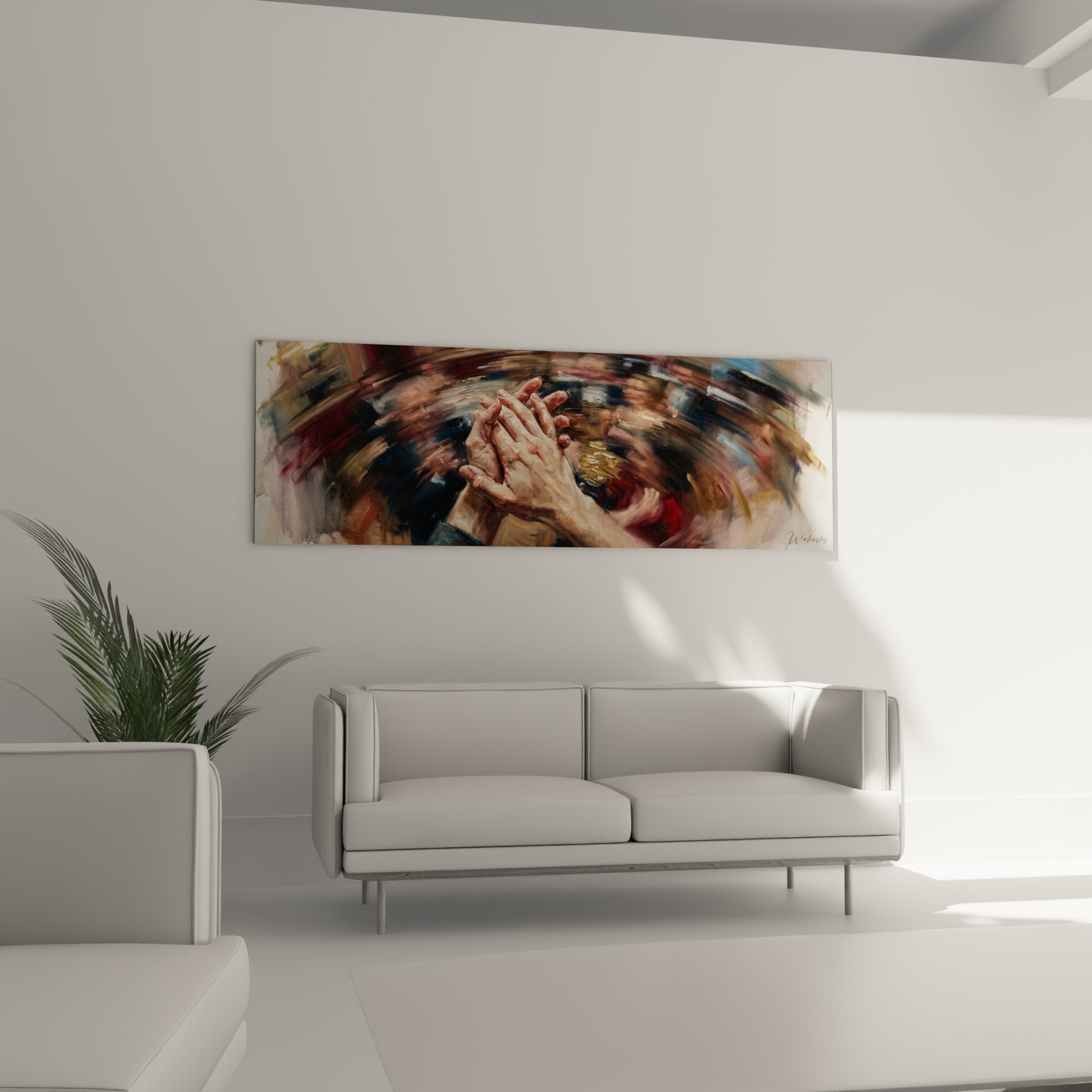 Detailaufnahme der realistisch gemalten betenden Hände vor expressionistischem Farbwirbel - Wandkunst