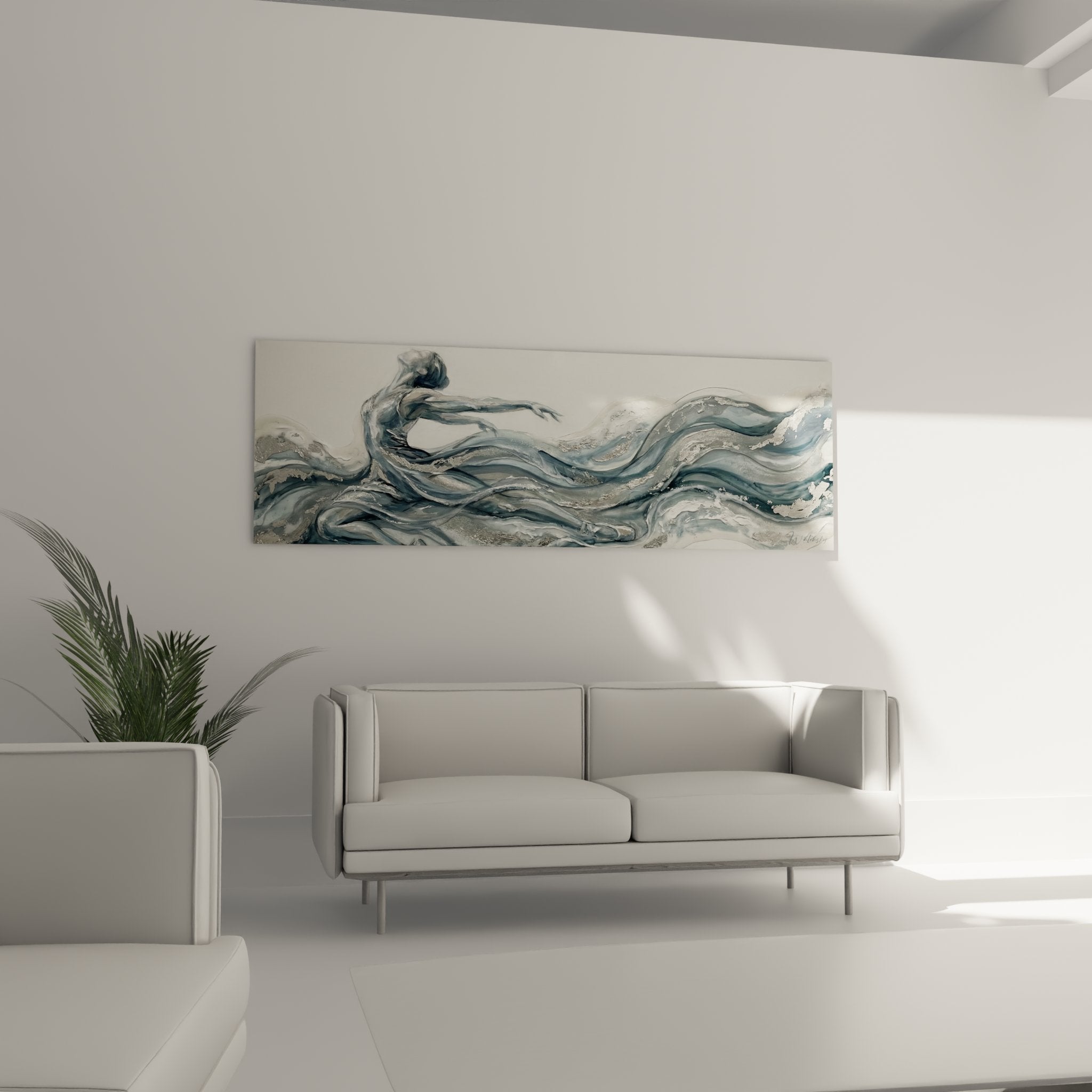 Detailaufnahme der fließenden blauen Wellen und Tänzerin-Silhouette im Kunstwerk