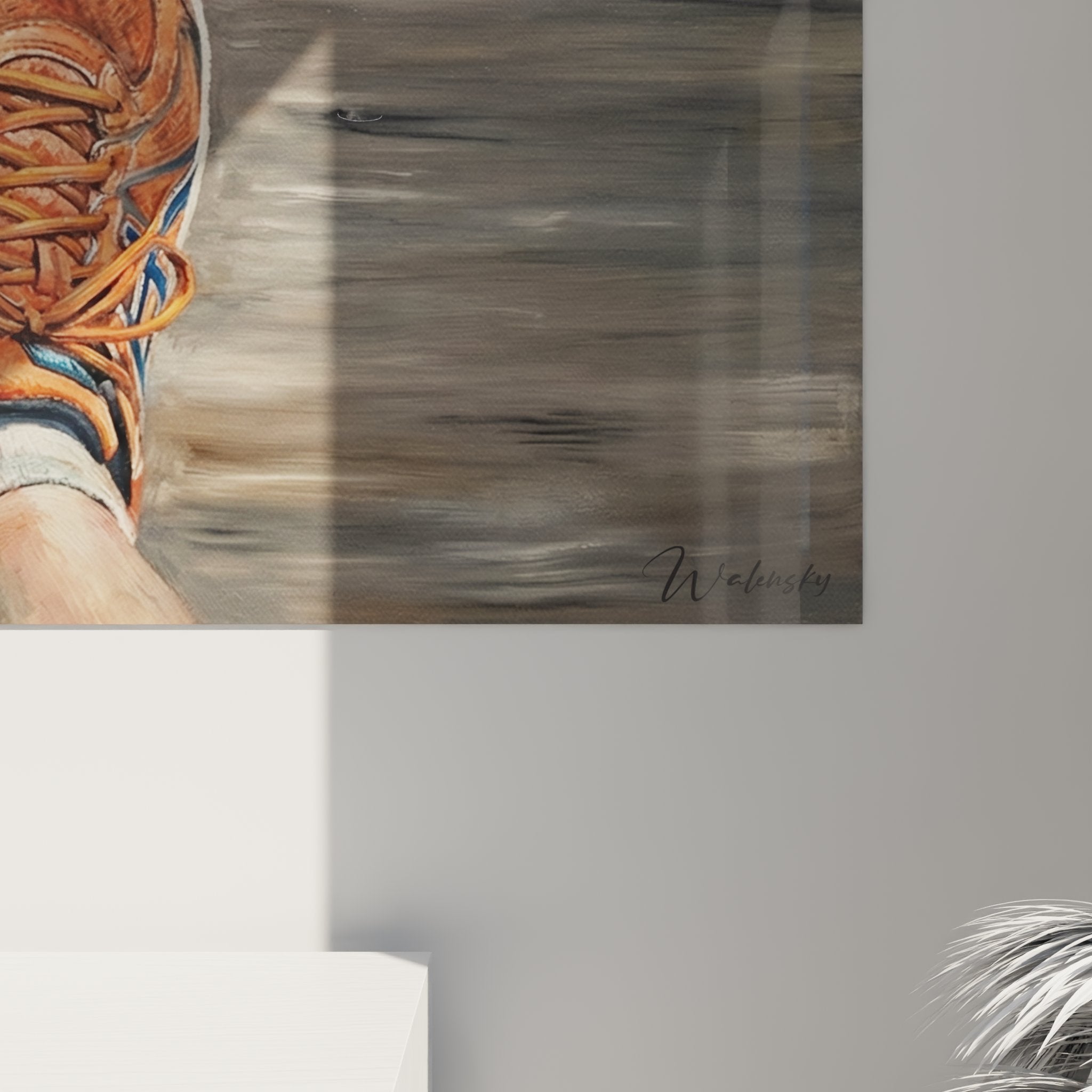 Gesamtansicht des dynamischen Laufschuhe Wandbilds mit Bewegungseffekt auf Leinwand