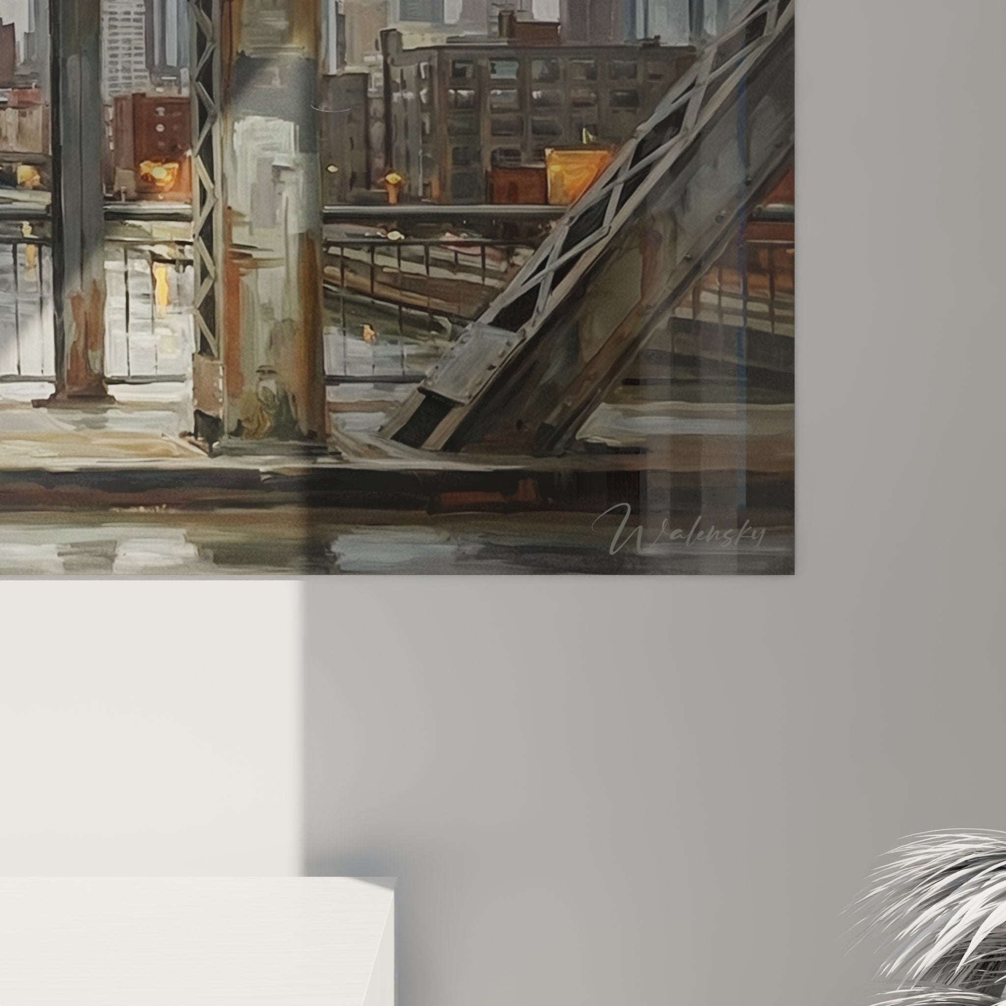 Gesamtansicht Urban Runner Wandbild, panoramatische Darstellung Läufer auf industrieller Brücke vor Stadtkulisse