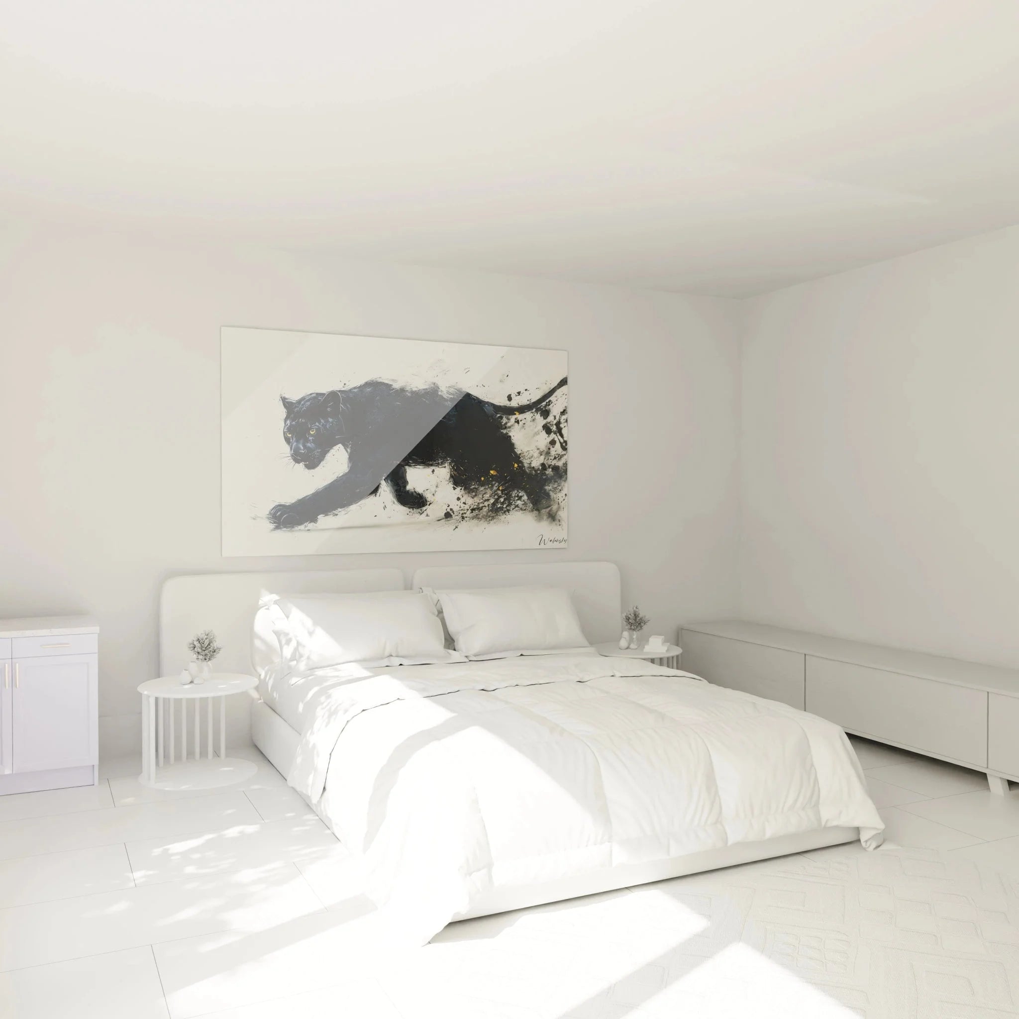 Schwarzer Panther Wandbild im Schlafzimmer - moderne Raubkatzen Wanddeko in elegantem Ambiente