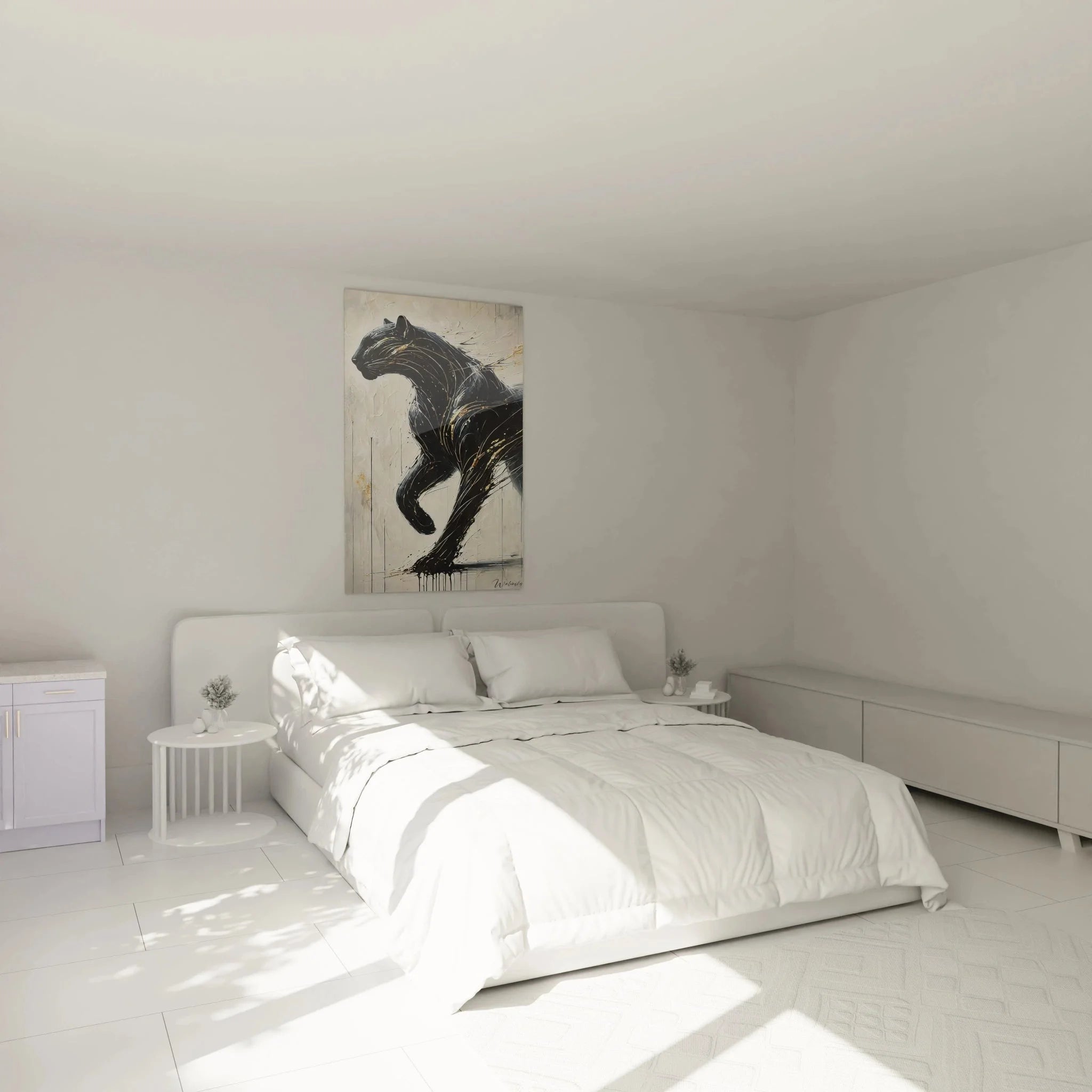 Elegante Panther Wanddekoration über dem Bett in modernem Schlafzimmer Ambiente