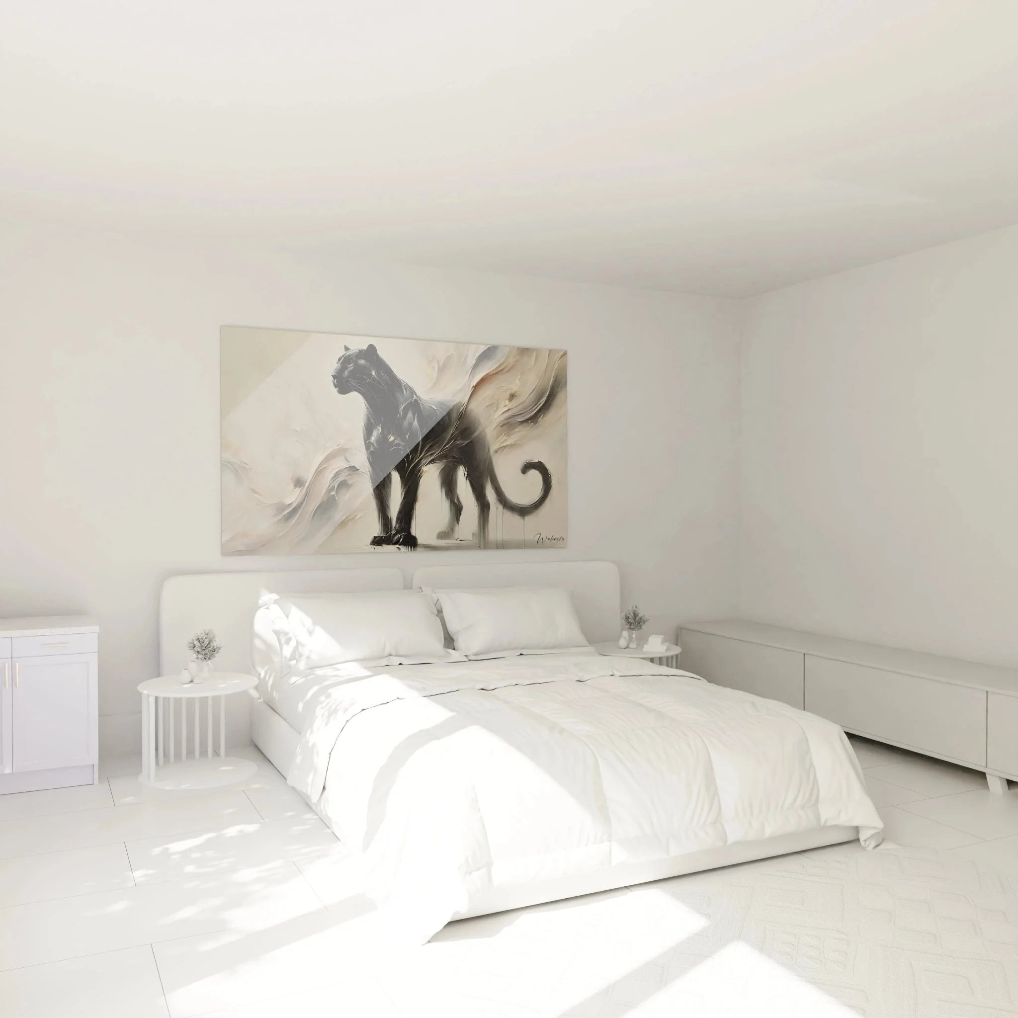 Schwarzer Panther Wandbild XXL in modernem Schlafzimmer als stilvolle Wanddekoration