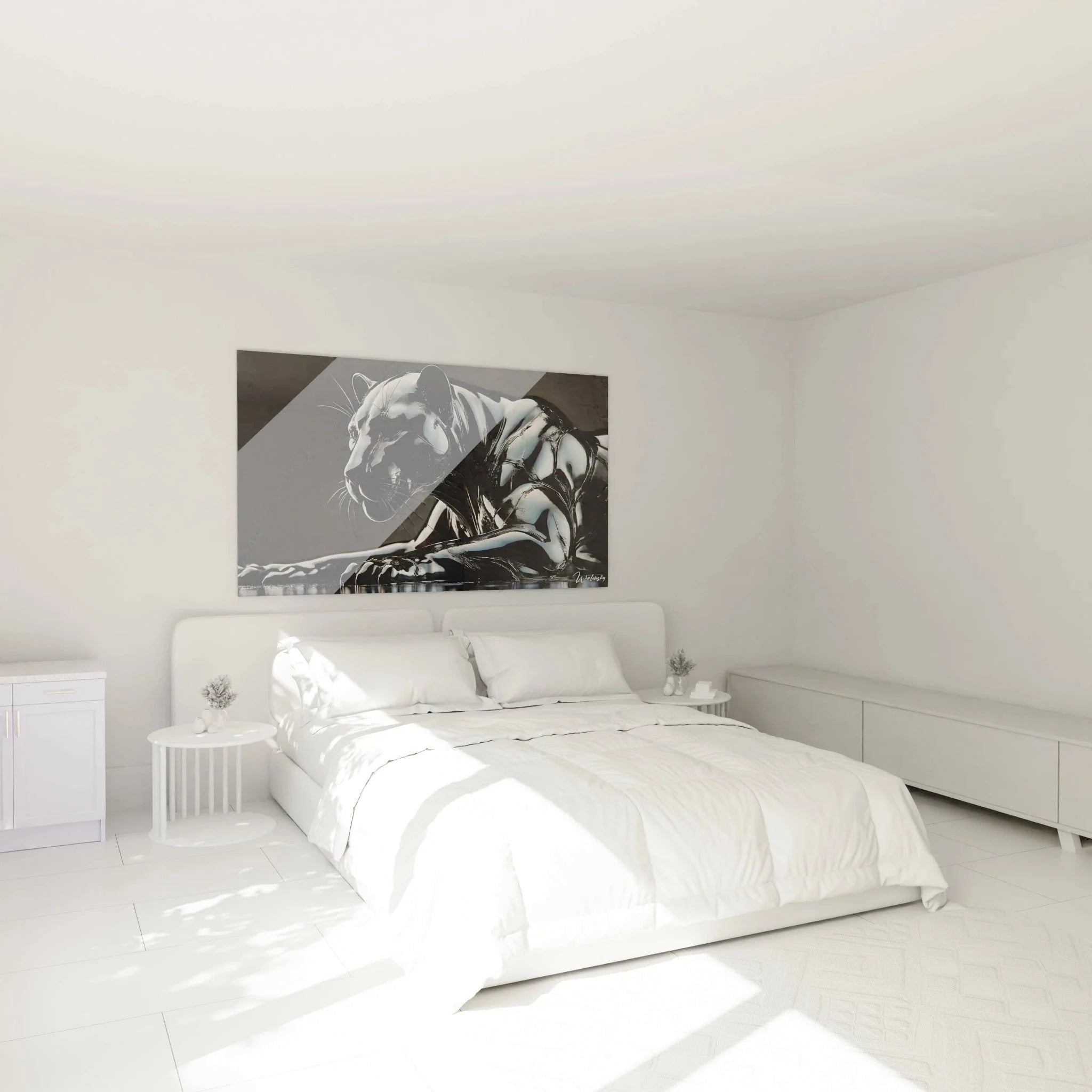 Panther Wandbild XXL in modernem Schlafzimmer, schwarzer Panther Kunstdruck mit metallischer Optik Wanddeko
