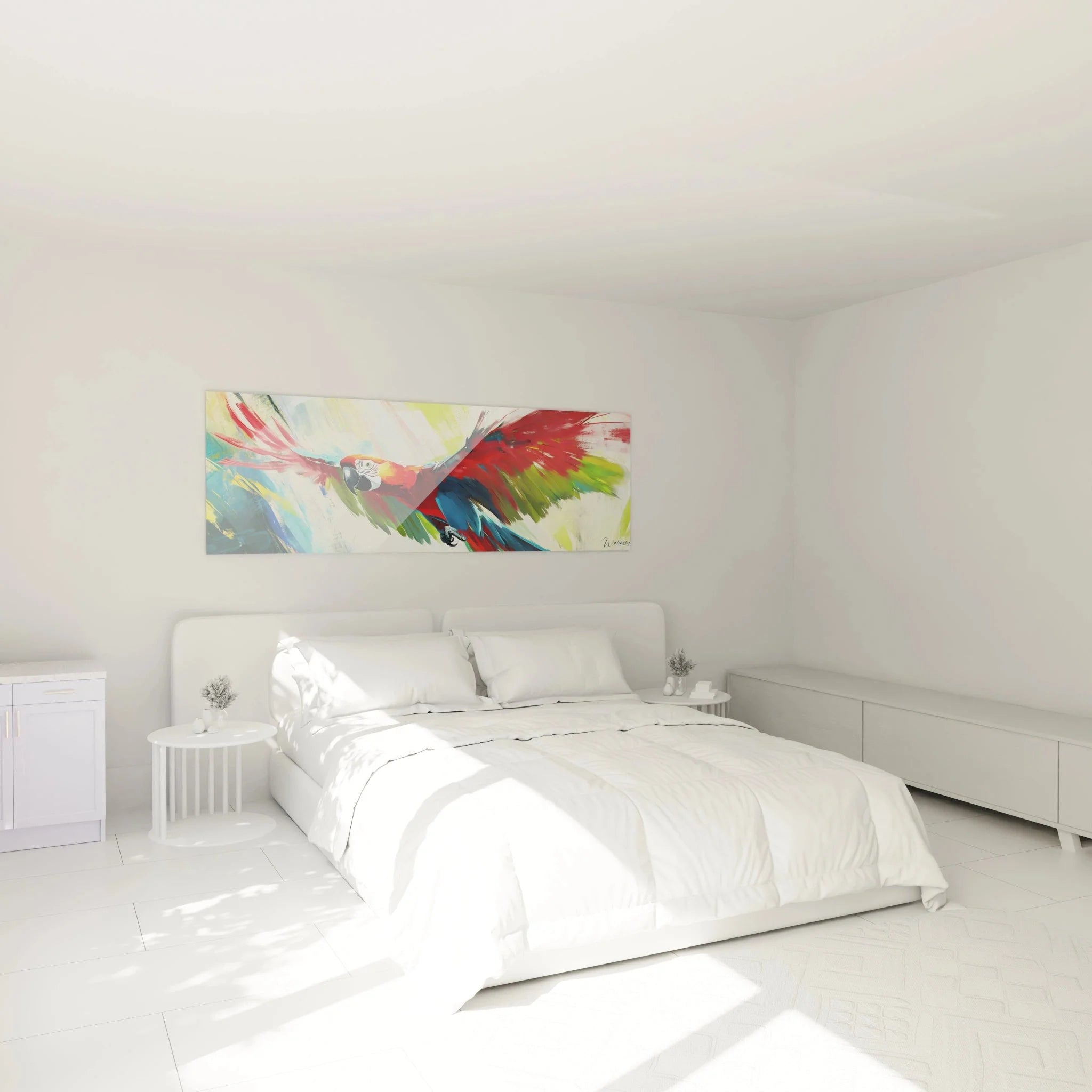 Papagei Wandbild über Bett im Schlafzimmer zeigt fliegenden Ara in leuchtenden Farben