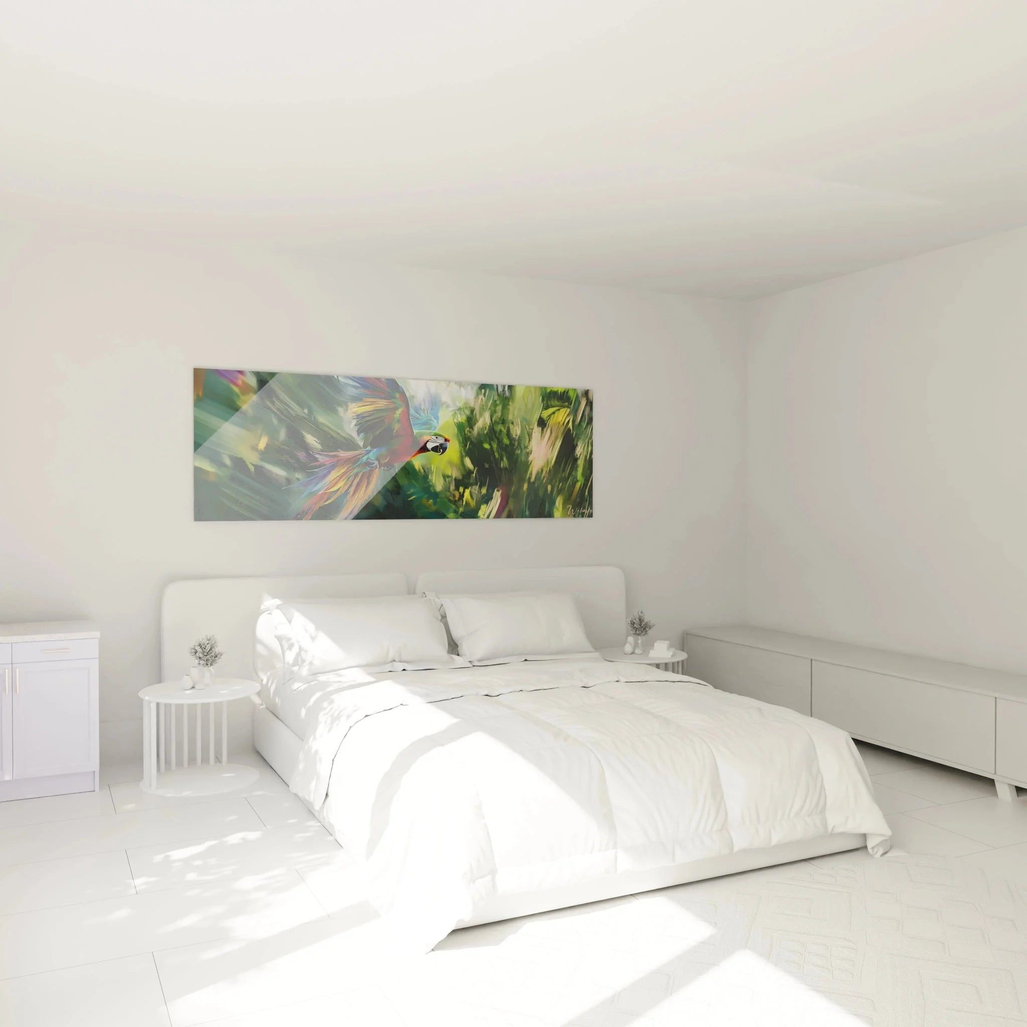 Wandbild Papagei Schlafzimmer - Tropische Wandkunst Ara in modernem Schlafzimmer Ambiente