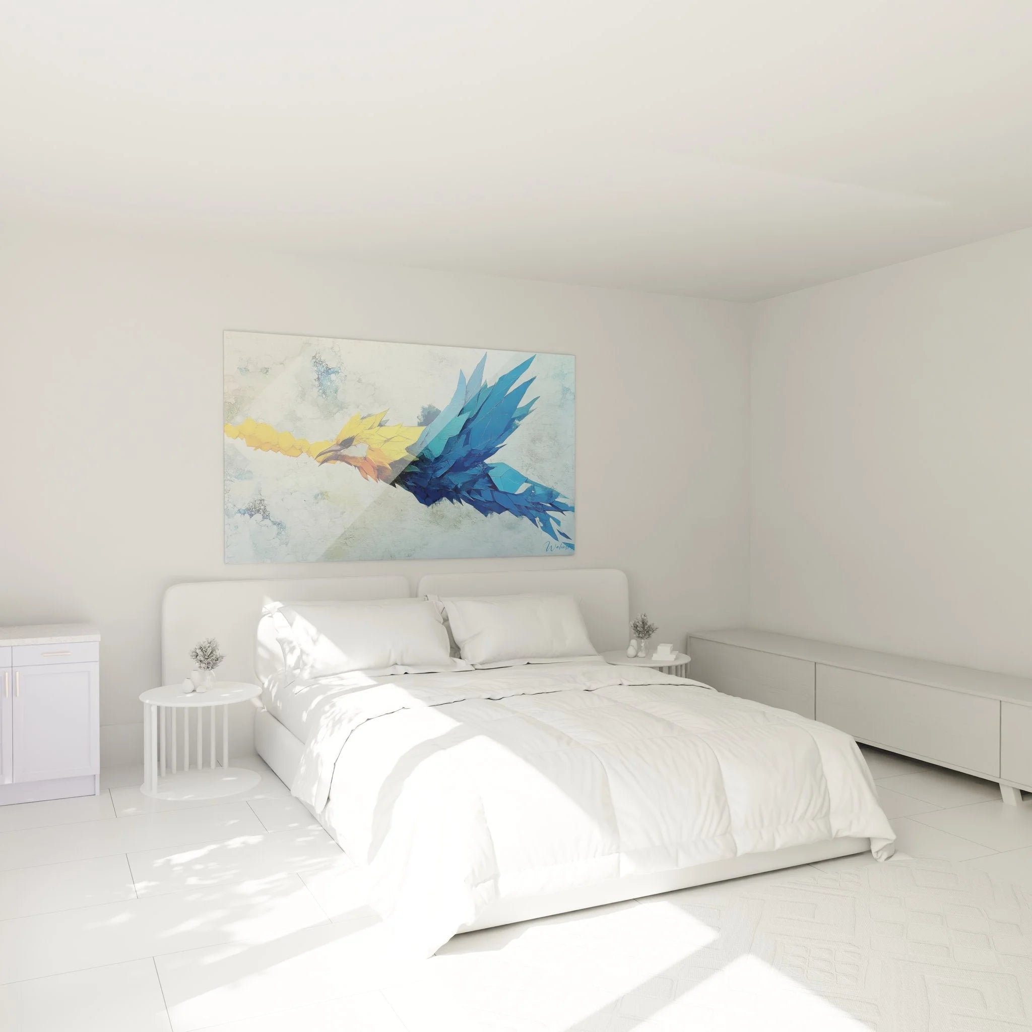 Wandbild Papagei in Schlafzimmer-Ambiente zeigt tropische Wandkunst in abstraktem Malerei-Stil