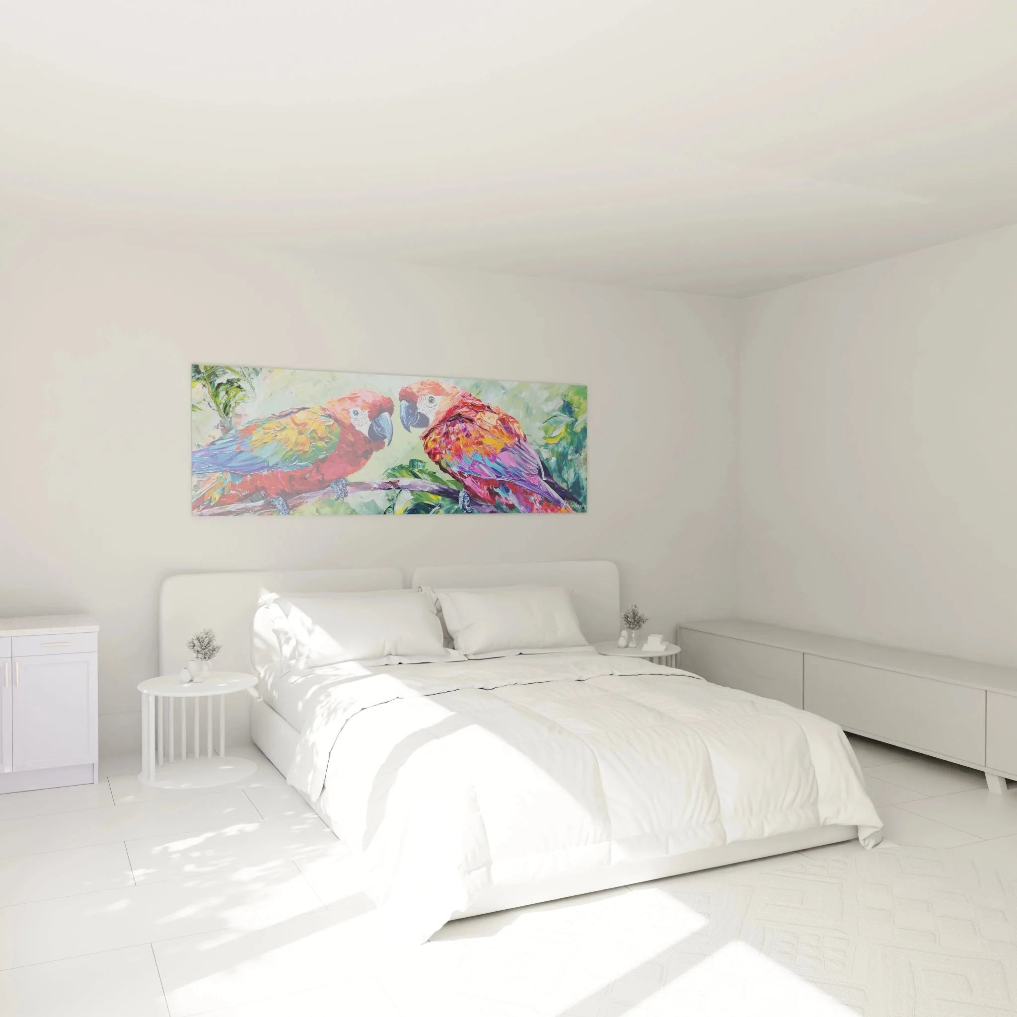 Papagei Wandbild im Schlafzimmer - Tropische Ara Paar Wanddekoration über Bett - Bunte Vögel Raumdeko