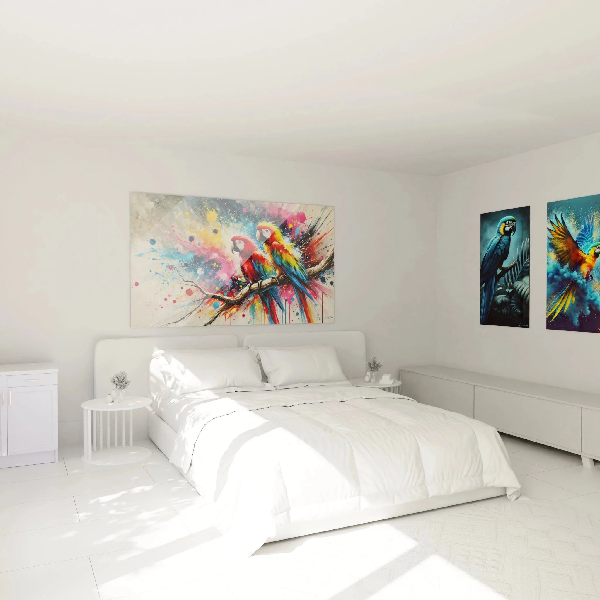 Papageien Wandbild im Schlafzimmer, farbenfrohe Aras Wanddeko für moderne Einrichtung