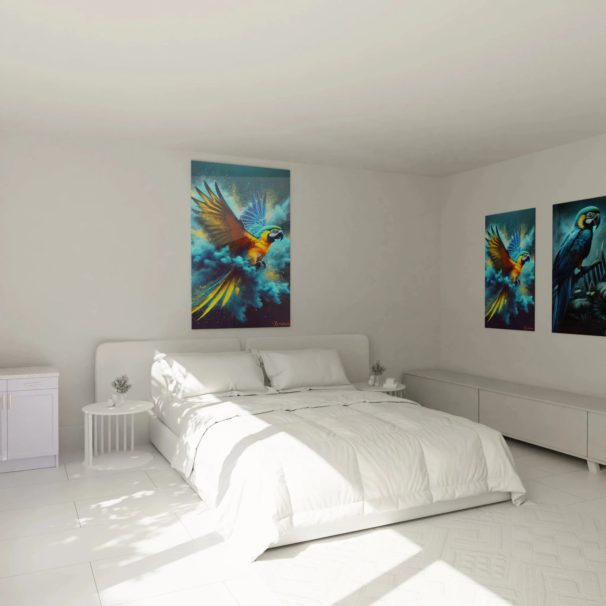 Buntes Papagei Wandbild in modernem Schlafzimmer - tropische Vogel Wanddeko für Wohnräume
