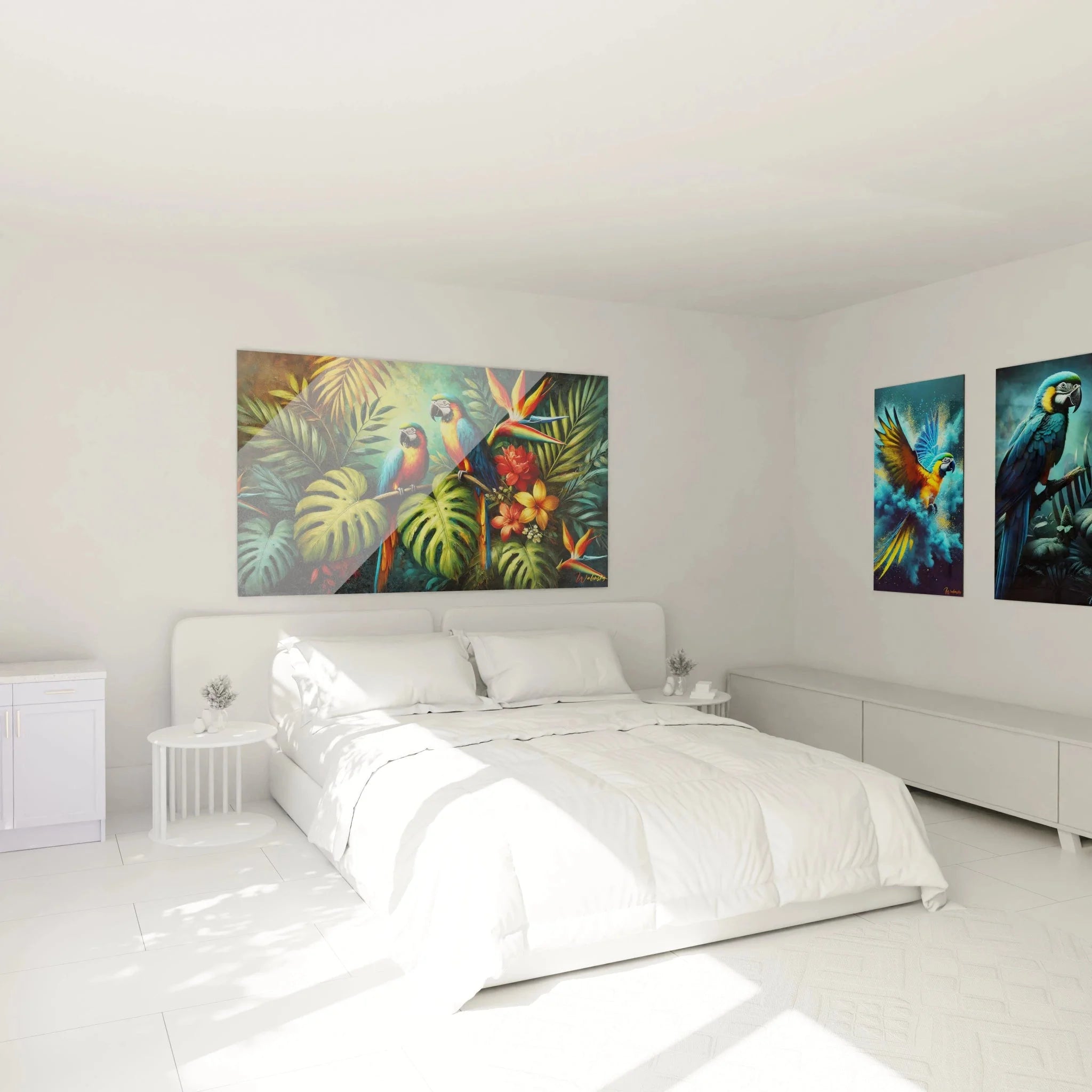 Papageien Wandbild im Schlafzimmer - tropische Deko mit Aras und exotischen Pflanzen
