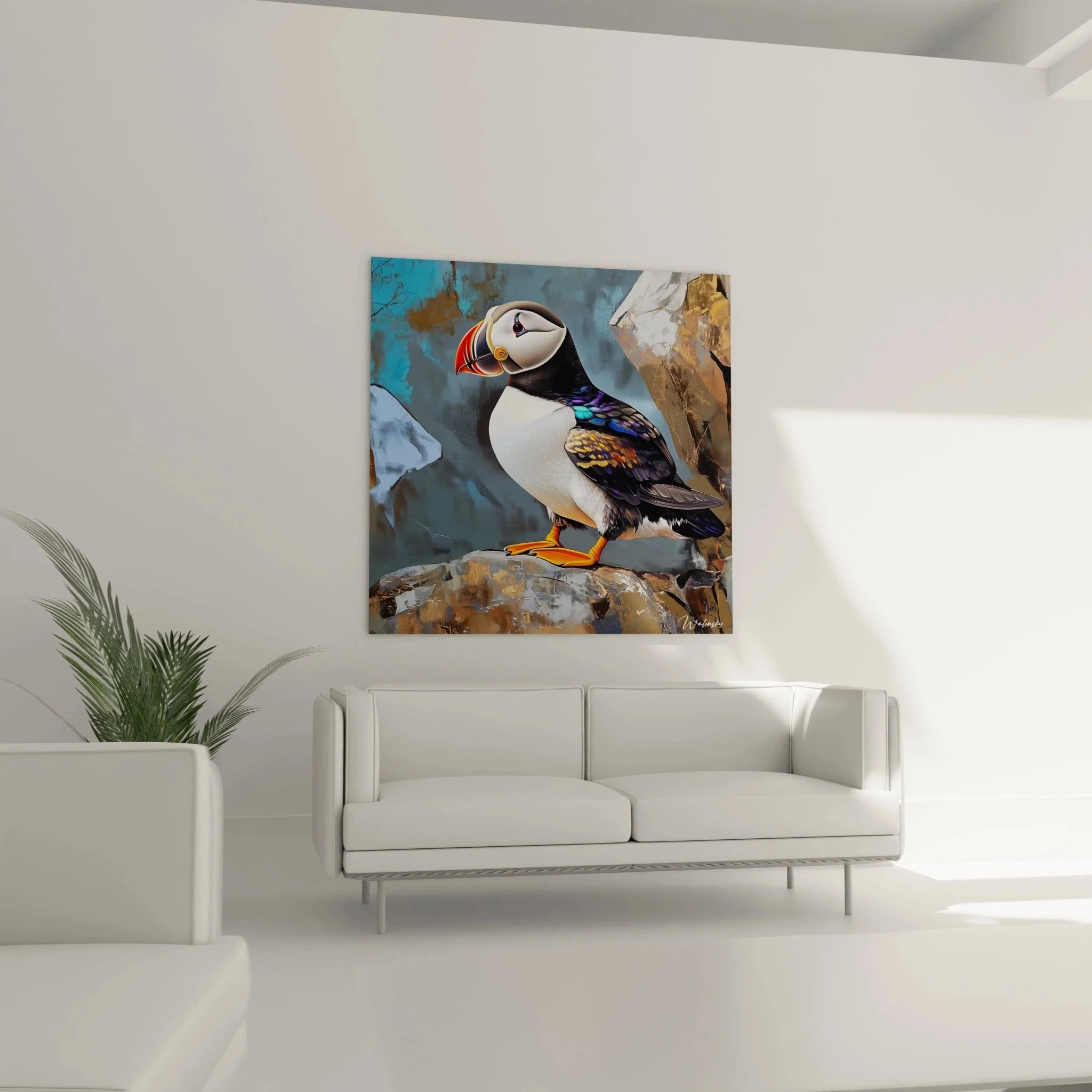 Detailansicht Papageitaucher Wandkunst, bunter Schnabel und schwarz-weißes Gefieder