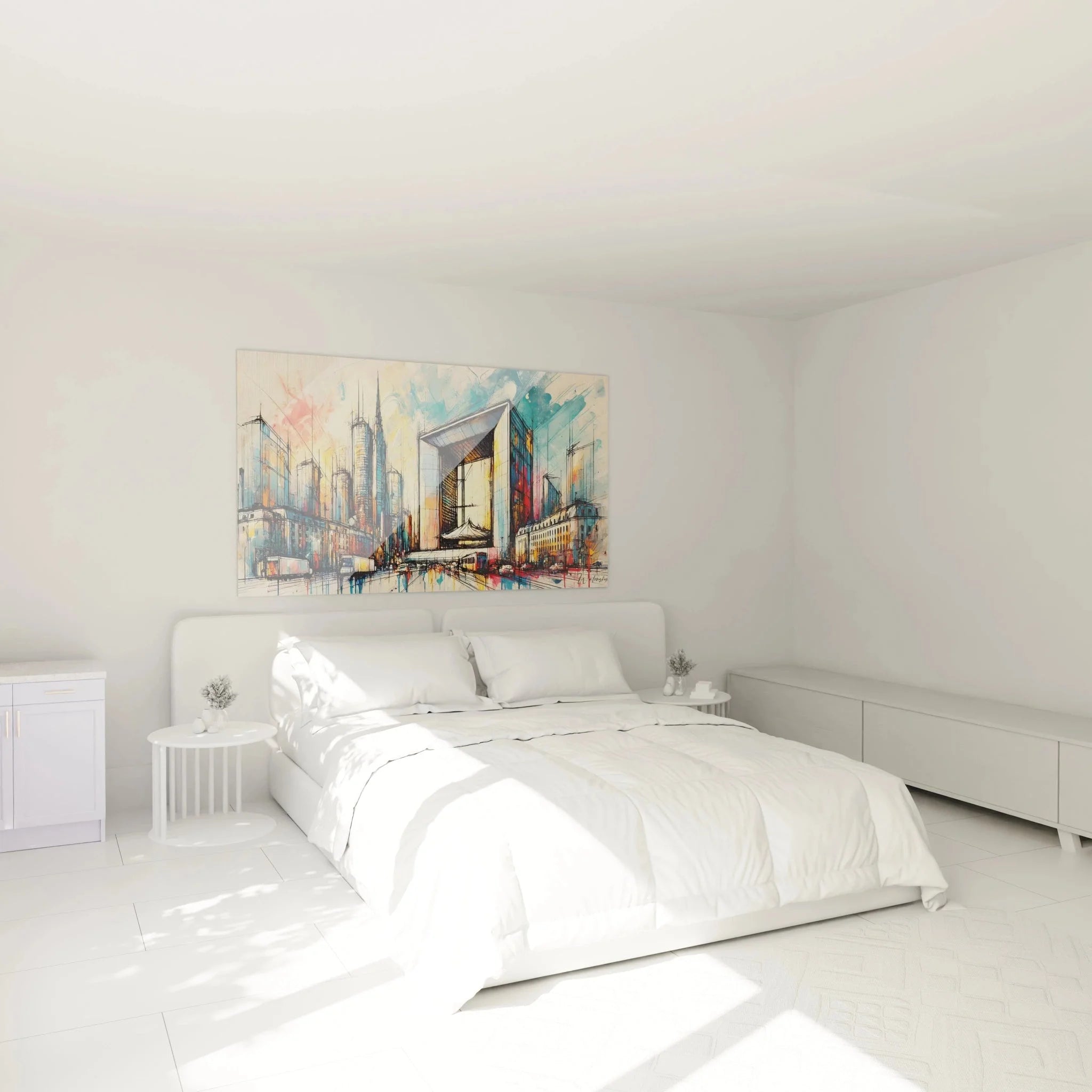 Paris Skyline Wandbild XXL im Schlafzimmer mit moderner Architektur und Aquarell-Technik