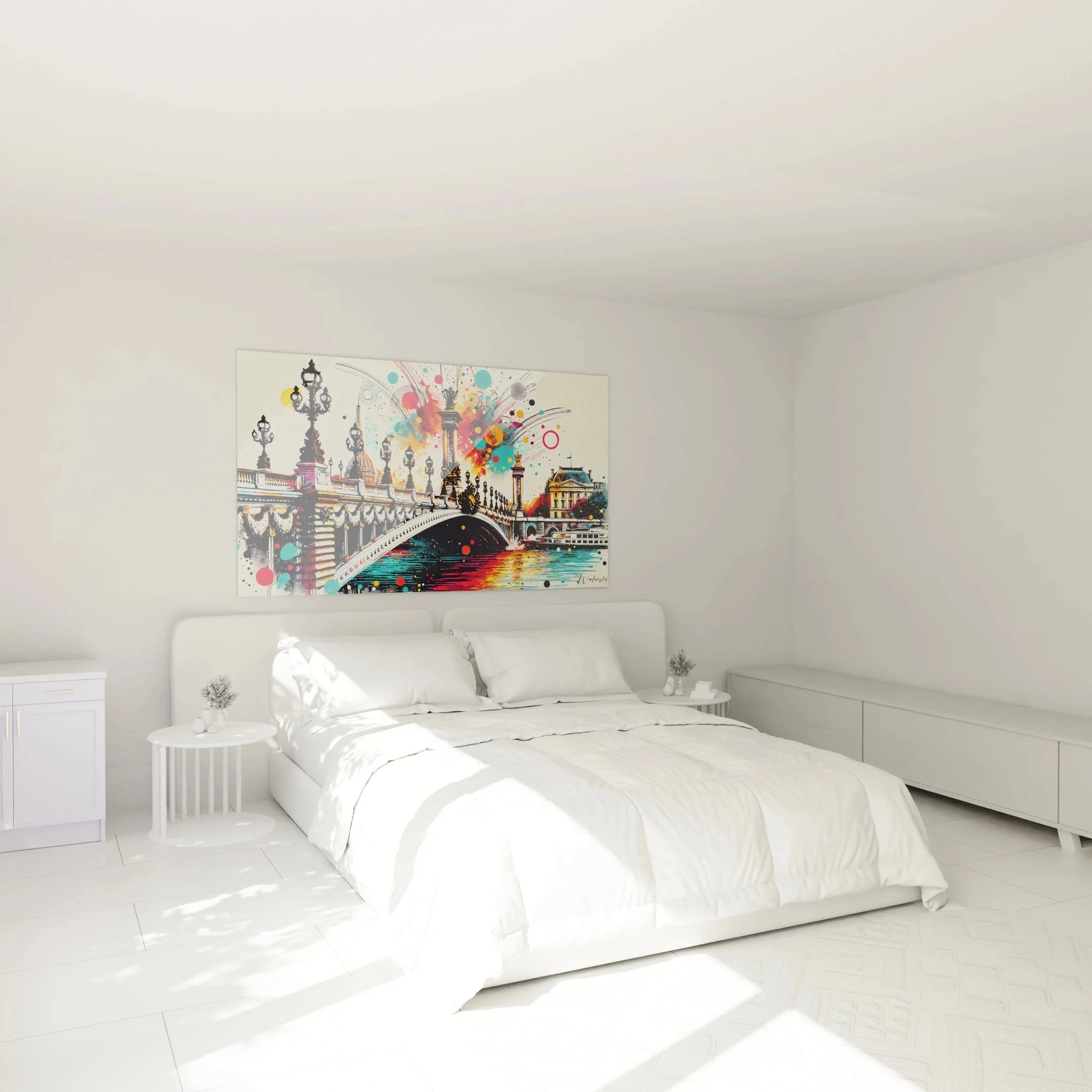 Modernes Paris Wandbild Pont Alexandre III in stilvoller Schlafzimmer Dekoration