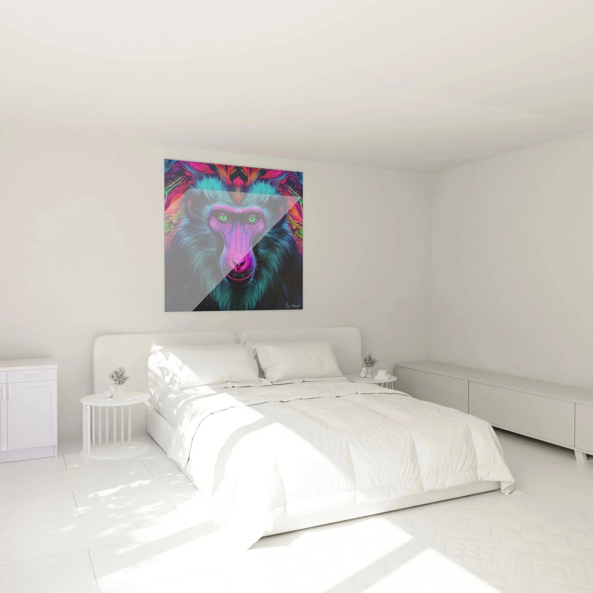 Wandbild psychedelischer Pavian als stilvolle Schlafzimmer Wanddekoration in Neonfarben