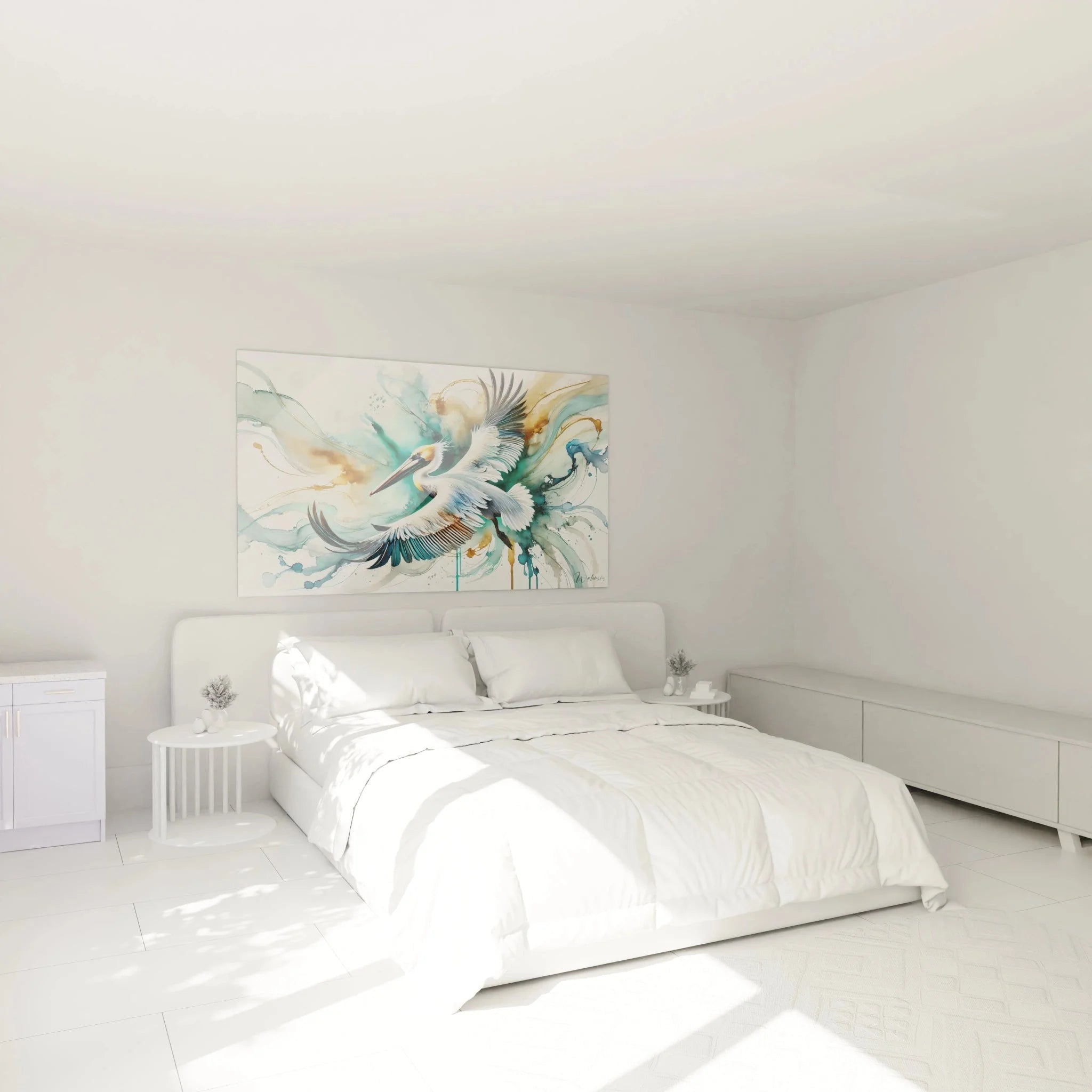 Pelikan Wandbild im Schlafzimmer - Aquarell Wandkunst in beruhigenden türkisen Farbtönen