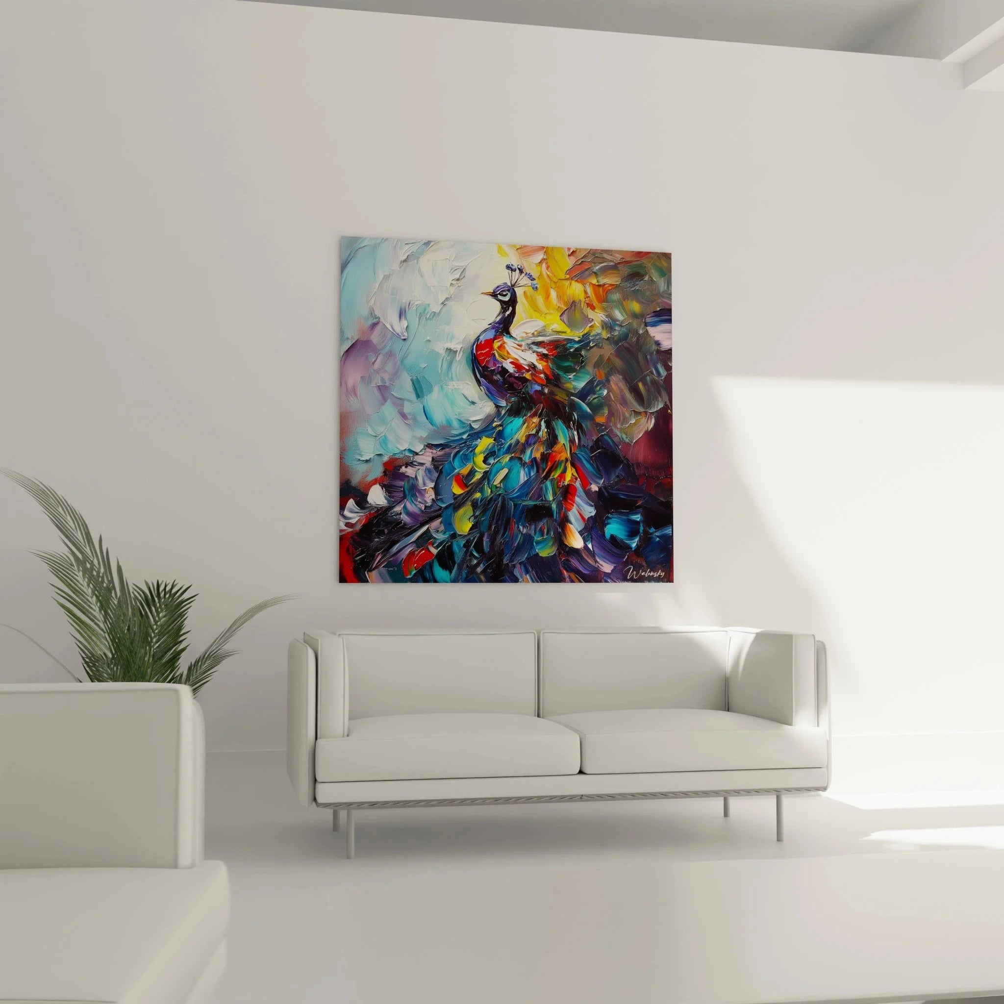 Detailaufnahme Pfau Kunstdruck mit brillanten Blau- und Türkistönen - Premium Wanddekoration