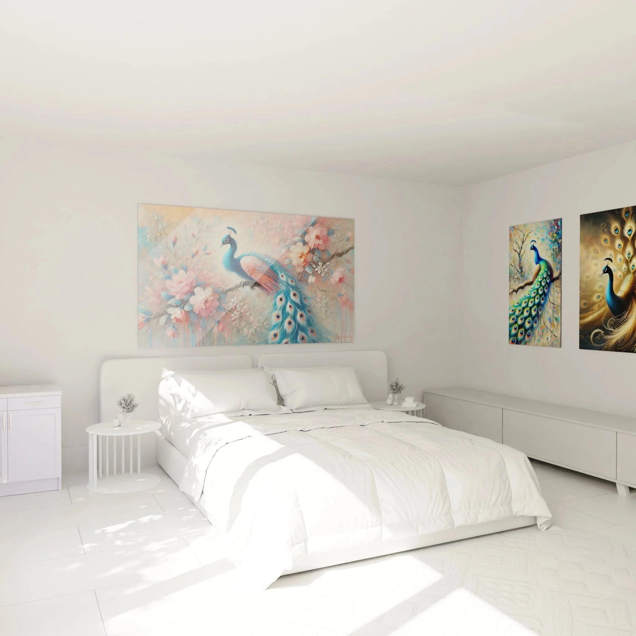 Pfau Kunstdruck mit Kirschblüten als Wanddeko im Schlafzimmer, romantische Farbgebung rosa-blau