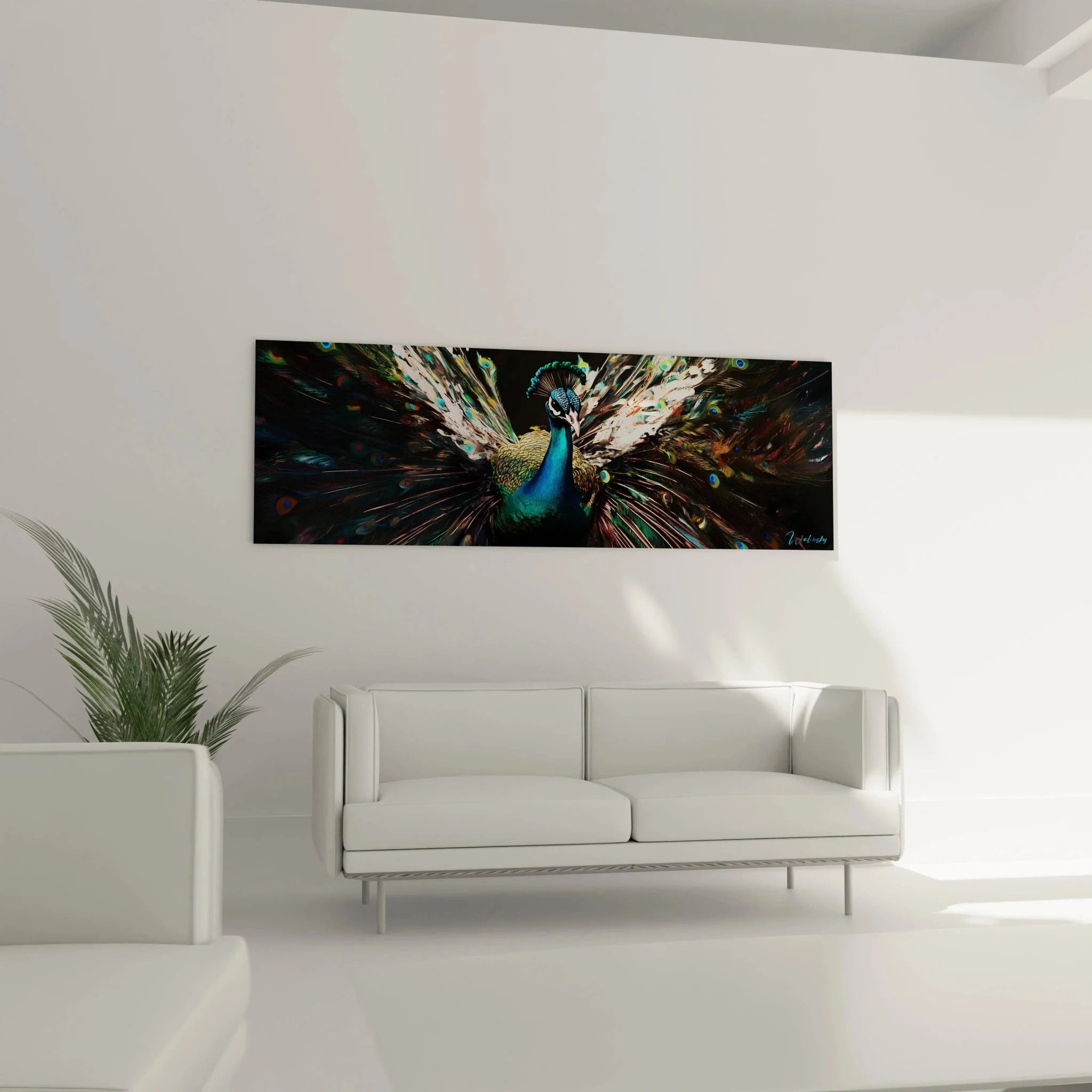 Detailansicht Pfau Kunstwerk mit leuchtenden Augenflecken und schillernden Federstrukturen in Nahaufnahme