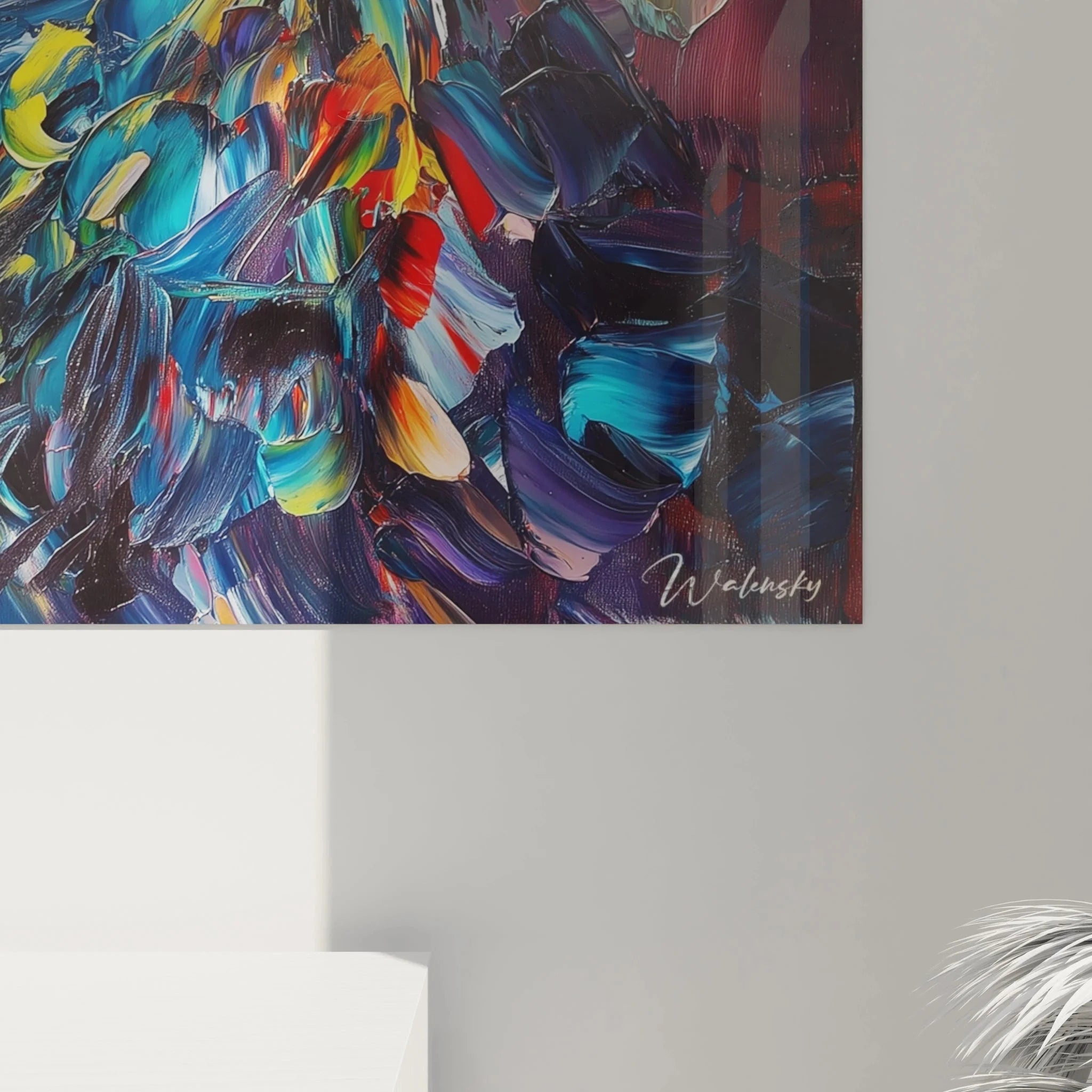 Gesamtansicht buntes Pfau Wandbild mit impressionistischer Farbpalette - moderne Tiermalerei