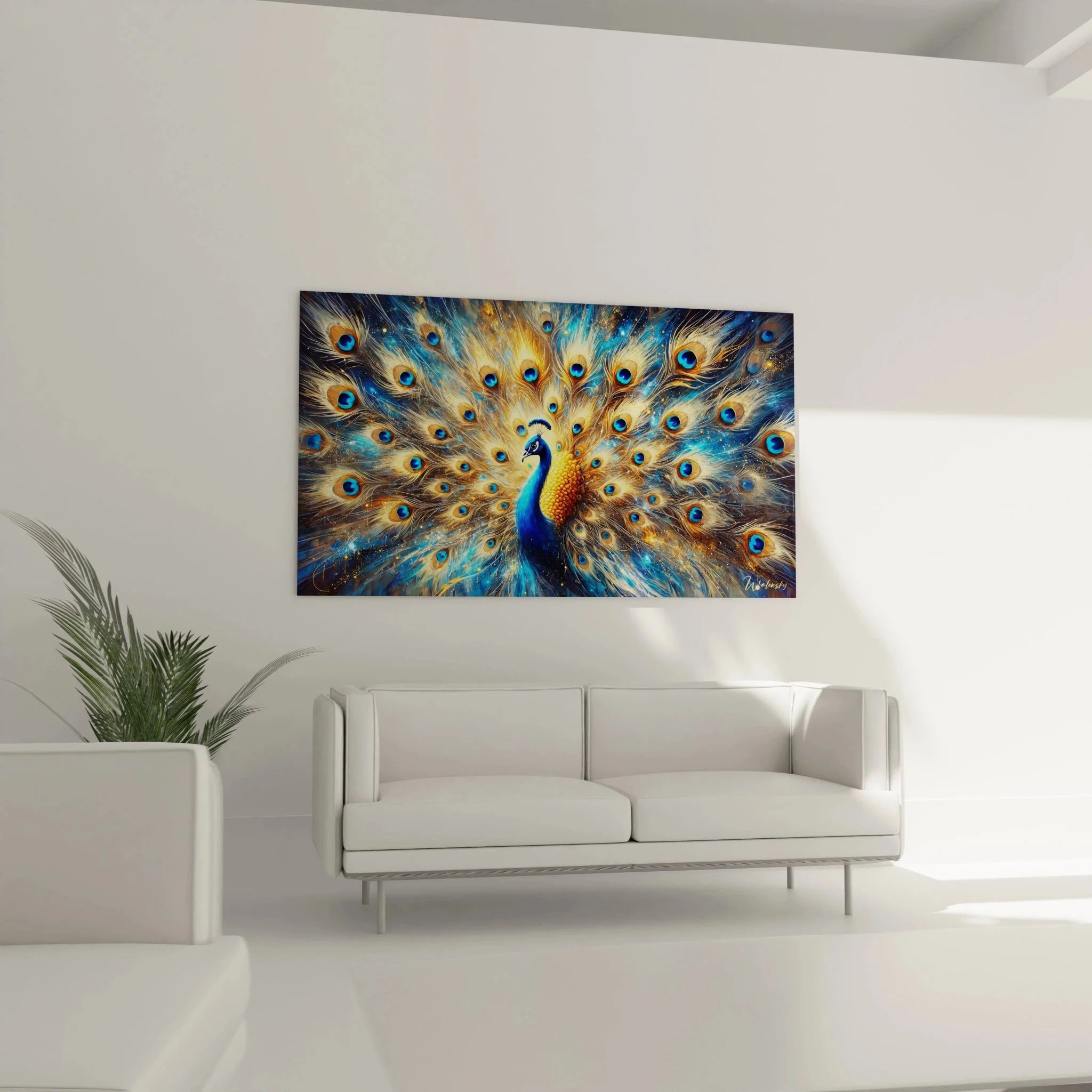 Detailaufnahme Pfau Wandbild zeigt leuchtende Pfauenaugen und Federstruktur in Nahaufnahme