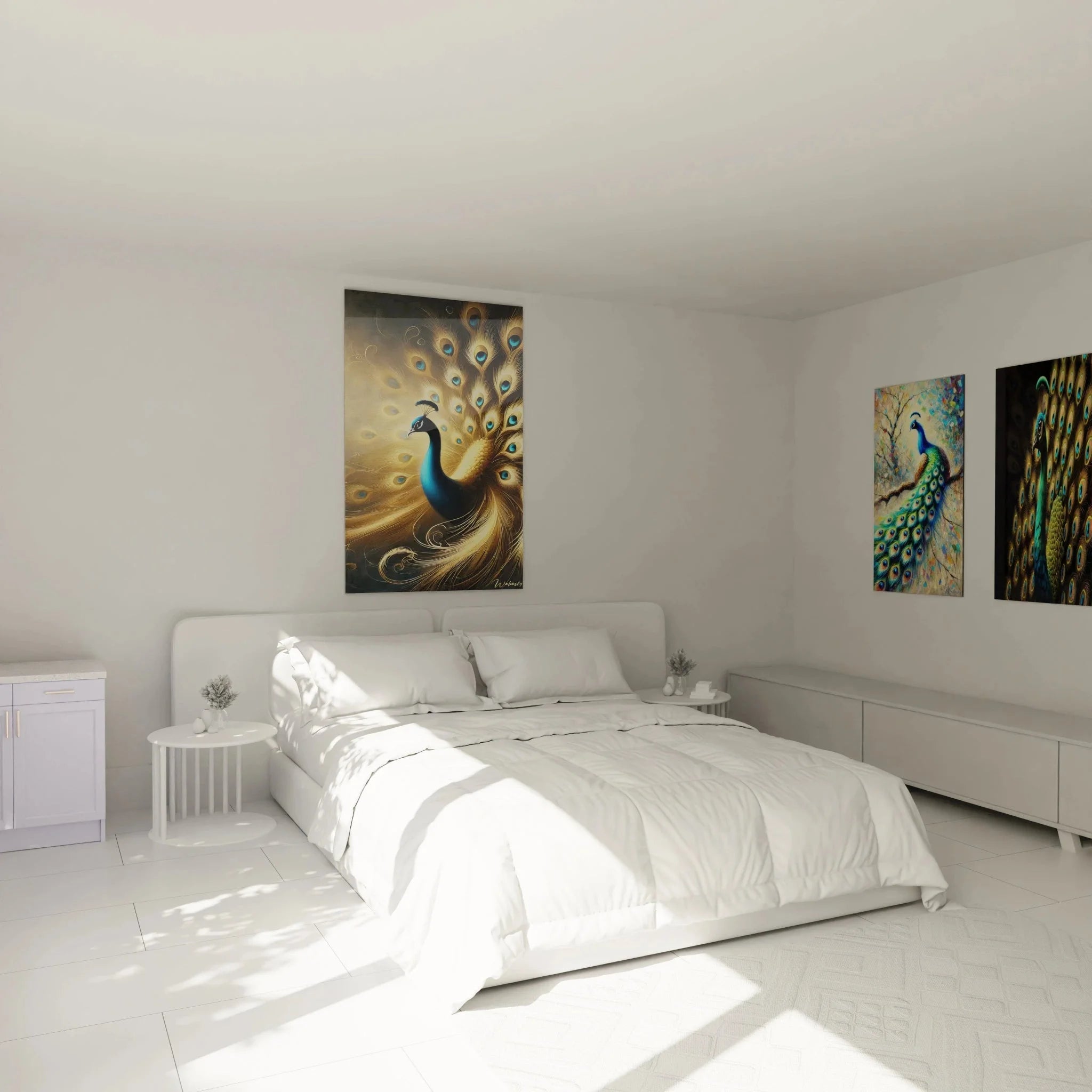 Schlafzimmer Wanddeko mit elegantem Pfau Wandbild in goldenen Farbtönen für luxuriöse Raumgestaltung