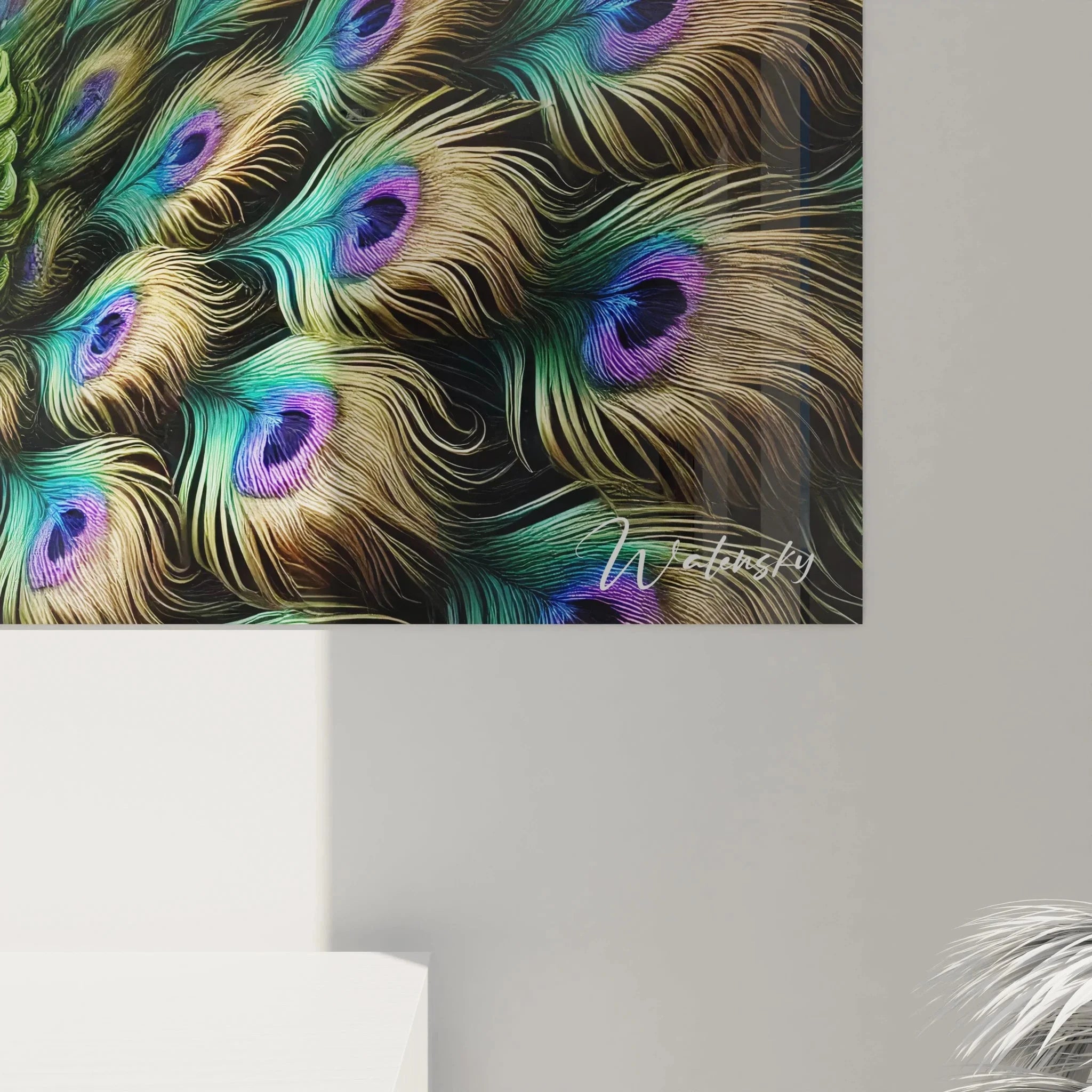 Gesamtansicht majestätisches Pfau Wandbild XXL mit ausgebreiteter Federpracht