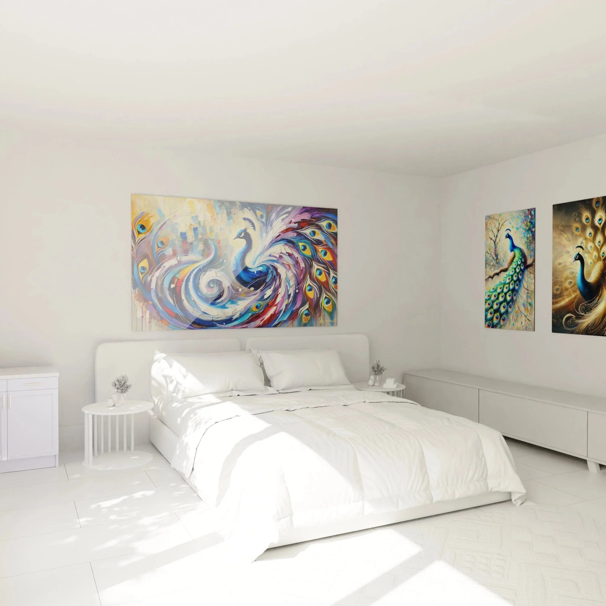 Pfau Wandbild XXL im Schlafzimmer abstrakte Pfauenfedern Spirale Wanddekoration modern