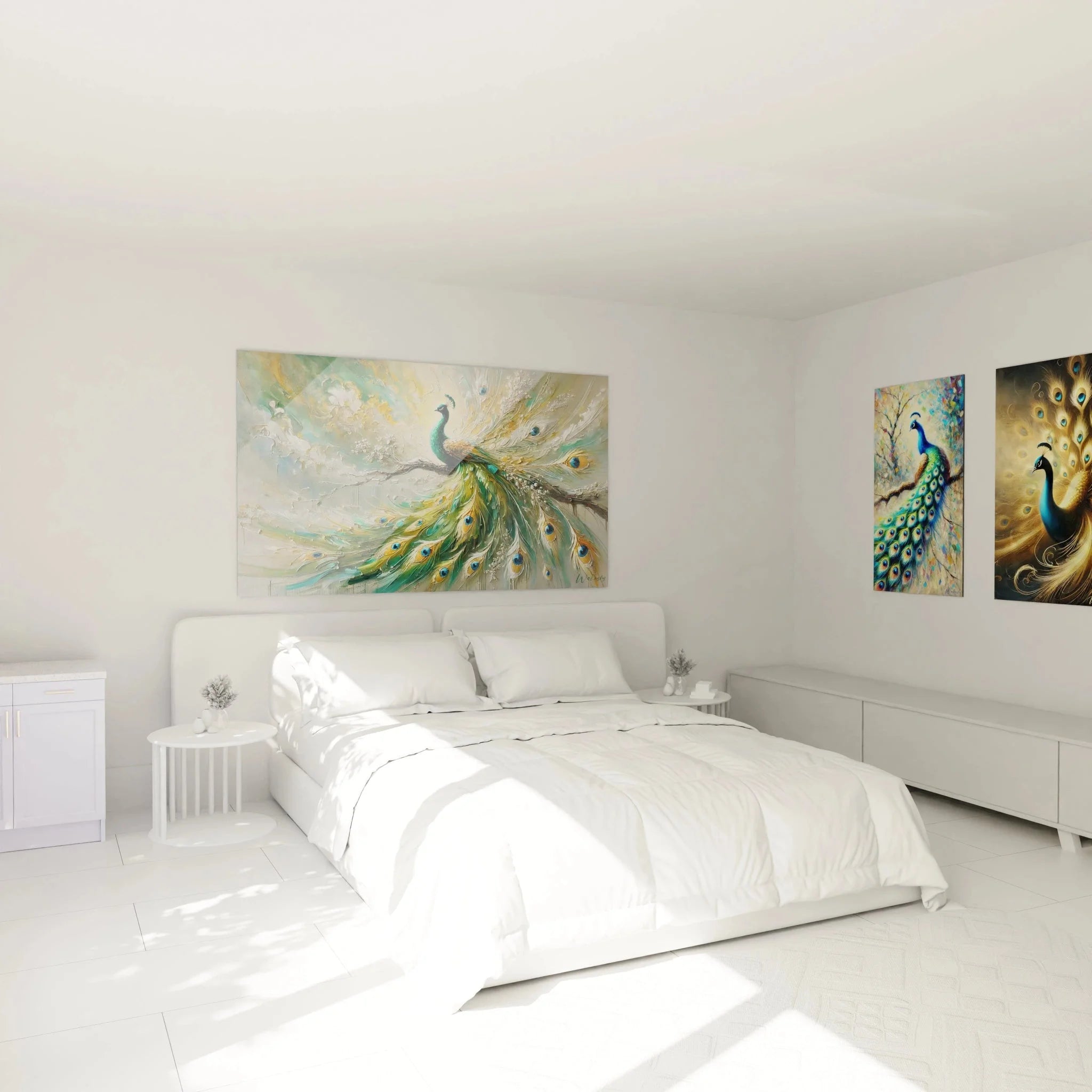 Pfau Wandbild XXL in Schlafzimmer Ambiente mit eleganter türkis-goldener Farbgebung