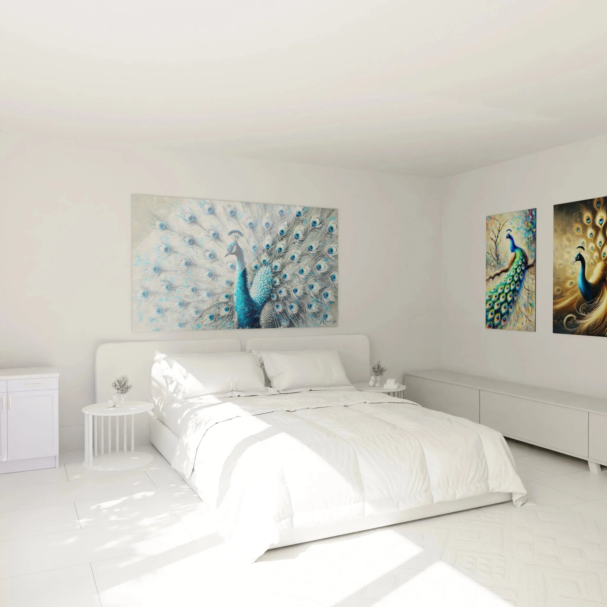 Pfau Wandbild XXL im Schlafzimmer - Elegante Pfau Wanddekoration mit blauen Pfauenfedern über dem Bett